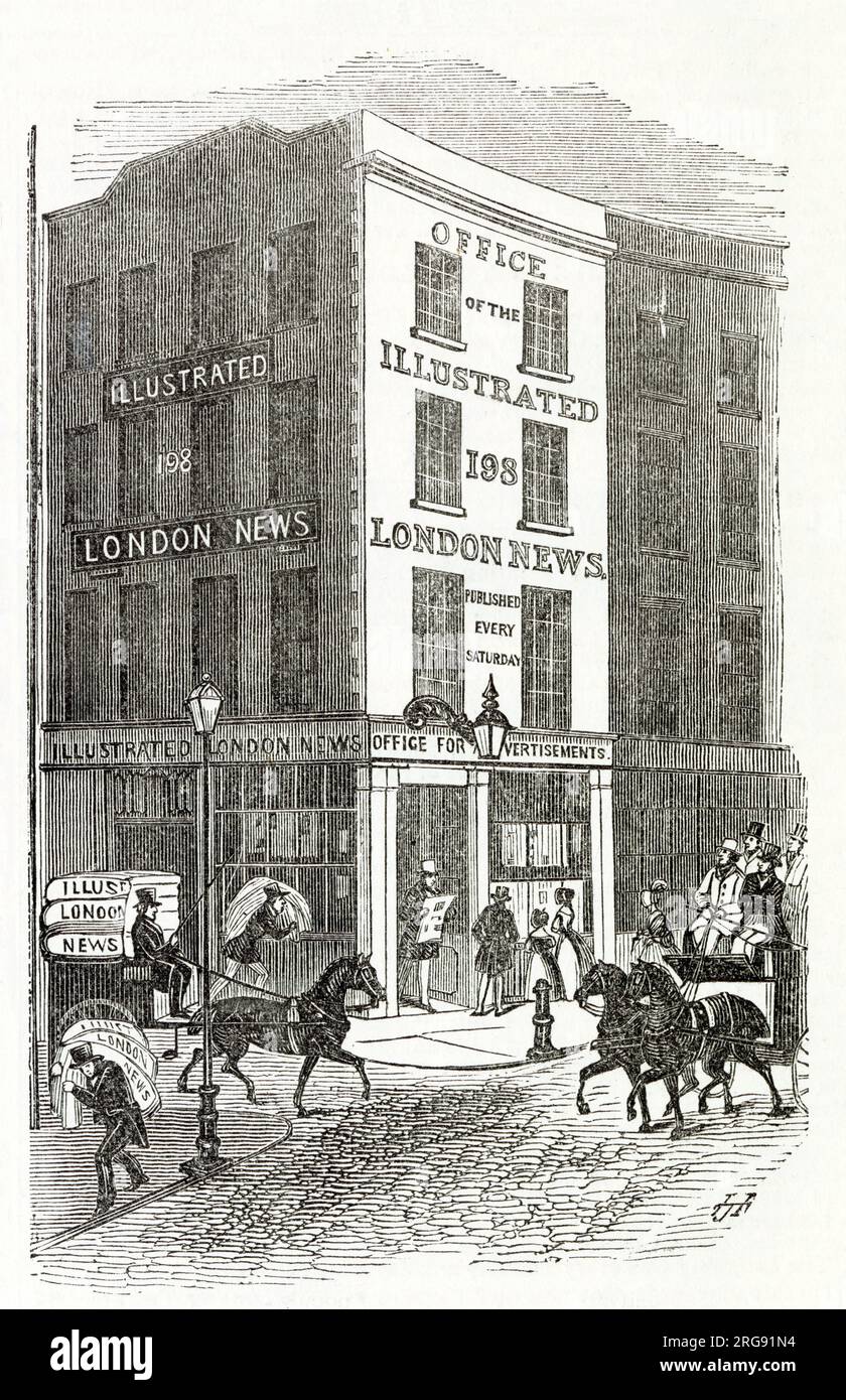 Extérieur du bureau d'édition de 'The Illustrated London News', au 198 Strand au coin de la rue avec Milford Lane London. Quand il a été créé, le magazine hebdomadaire d'information était publié tous les samedis, coûtant six pence et se vendant 26 000 exemplaires. Banque D'Images
