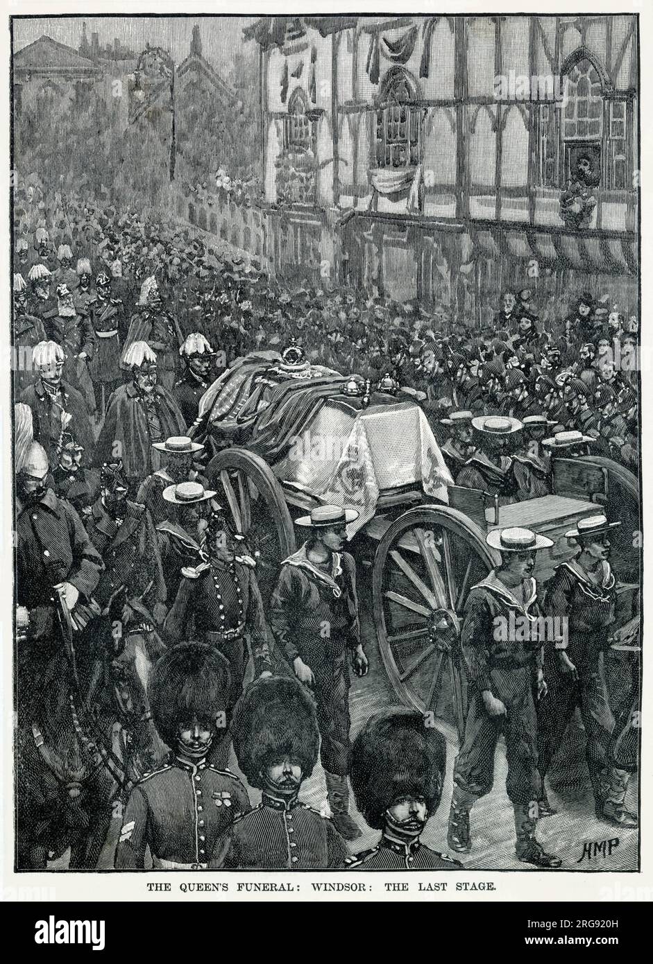 Arrivée à Windsor pour le dernier voyage de la reine Victoria avant d'être inhumé à côté de Prince Albert. Le cercueil a été placé sur le chariot d'armes à feu pour être tiré par les chevaux blancs, mais cependant, les chevaux ont commencé à agir et étaient si indisciplinés qu'ils ont cassé le harnais. Les funérailles étaient inconscientes du problème et ont dû revenir. Rapidement des arrangements alternatifs ont dû être faits, une garde navale d'honneur a trouvé un cordon de communication et transformé en harnais impromptu et les marins Blue Jackets eux-mêmes ont ensuite tiré la calèche funéraire de la reine. Banque D'Images