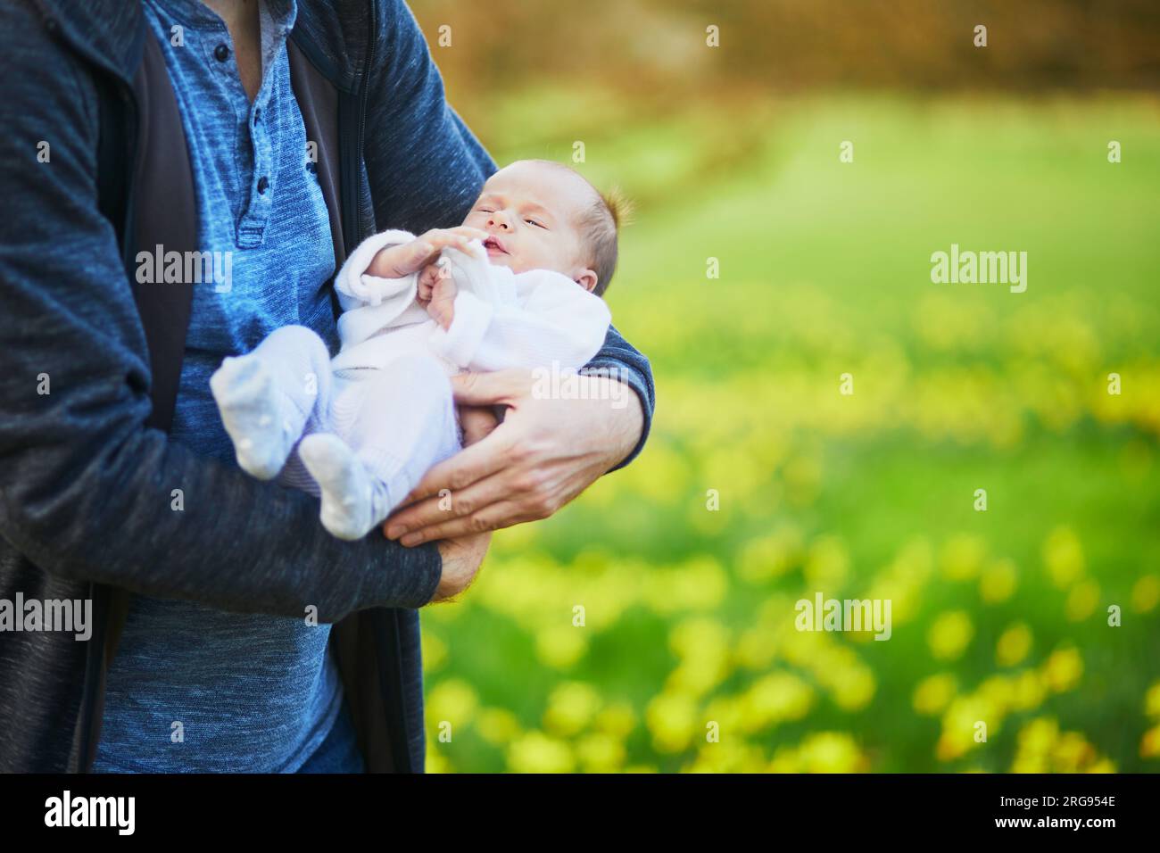 Père tenant une petite fille de 4 semaines dans ses bras. enfant de 1 mois dans les mains de papa à l'extérieur. Première marche pour un nouveau-né Banque D'Images