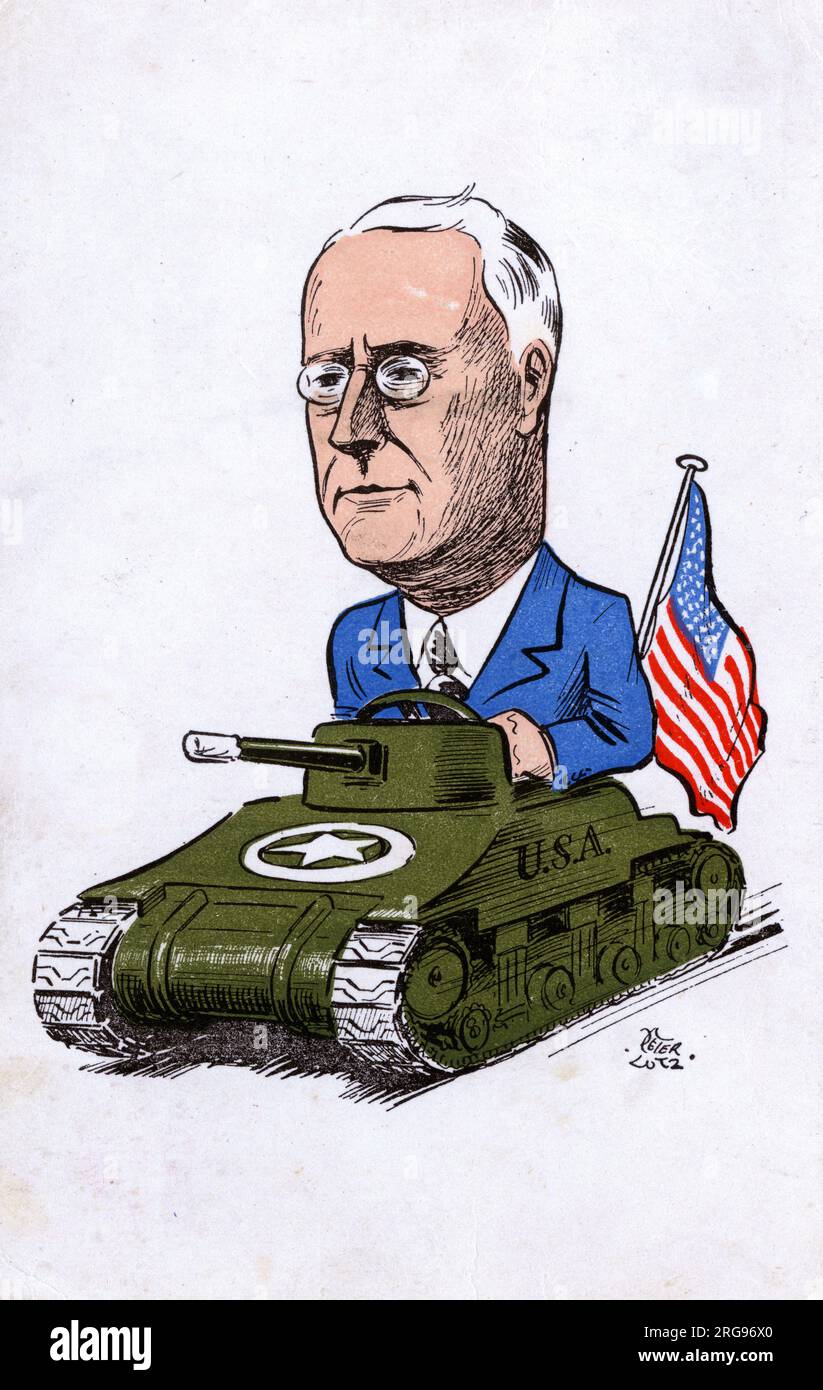 WW2 - Franklin Delano Roosevelt conduisant la force américaine (symbolisée par un char Sherman) vers l'avant - illustration sur une carte postale néerlandaise en temps de guerre, signée par l'artiste Peter Lutz (dates inconnues) Banque D'Images