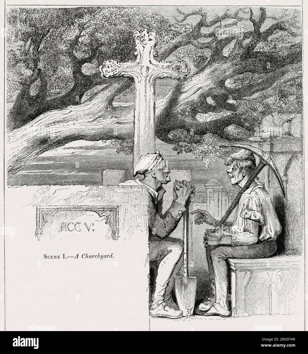 Illustration de Kenny Meadows à Hamlet, Prince de Danemark, par William Shakespeare. Deux fosses tombales dans le cimetière, prenant une pause pour creuser la tombe d'Ophélie. Banque D'Images