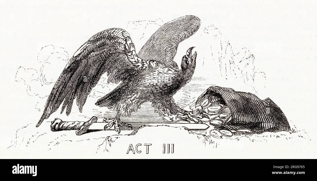 Illustration de Kenny Meadows à Cymbeline, par William Shakespeare. Illustration d'introduction à l'acte III, montrant un aigle (symbolisant l'empereur romain) avec un sac de pièces (symbolisant l'argent de tribut exigé par Rome du roi britannique). Banque D'Images