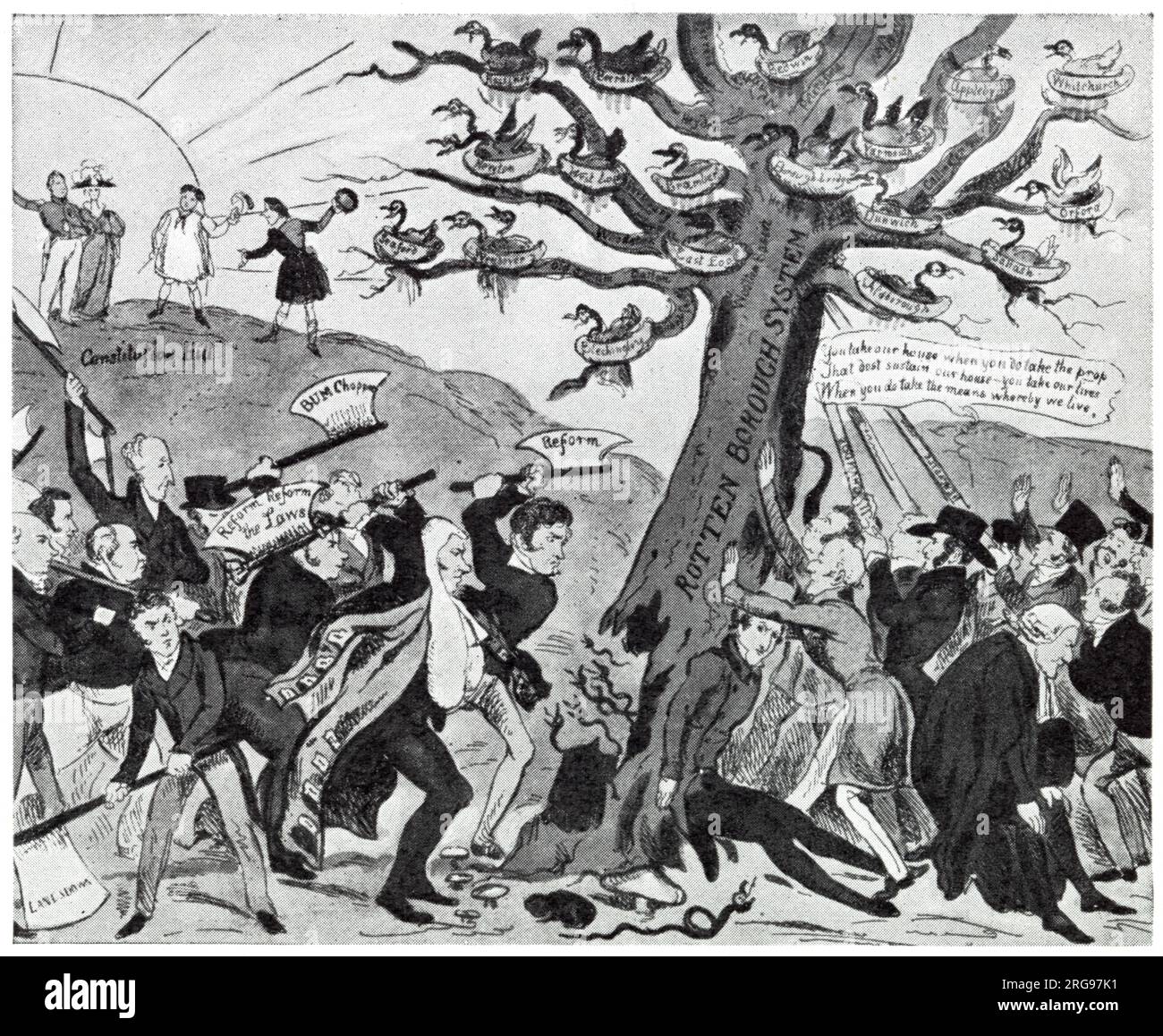 Cartoon, The End of the Rotten Borough -- le projet de loi de réforme de 1832 a supprimé ces soi-disant Boroughs pourris, qui étaient des circonscriptions avec un très petit électorat. La bande dessinée montre des réformateurs essayant de couper l'arbre Rotten Borough vers le bas, tandis que les anti-réformateurs essaient de le maintenir et de le préserver. Banque D'Images