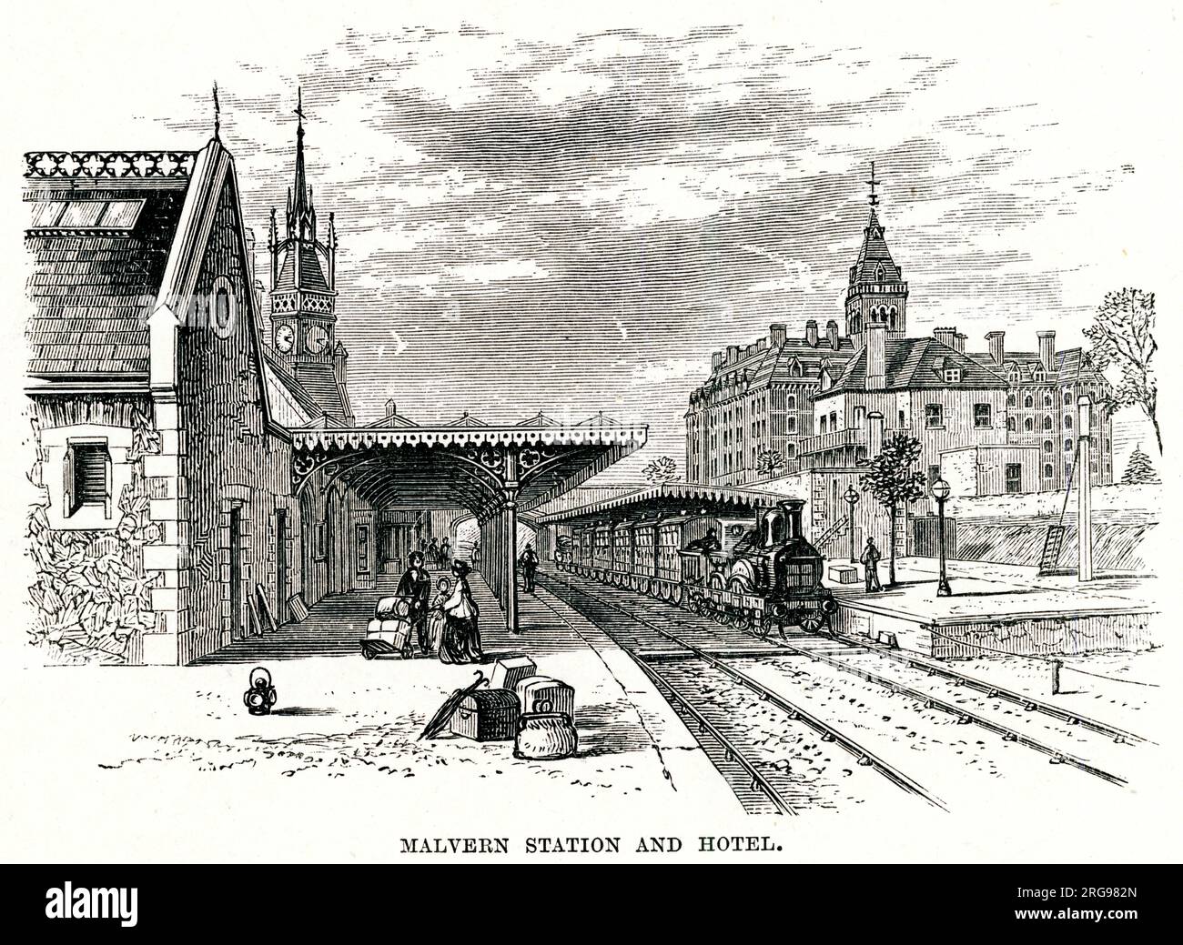 Gare de Malvern, Worcestershire (sur la route Worcester et Hereford Railway). Aujourd'hui connue sous le nom de Great Malvern Railway Station, elle a ouvert ses portes en 1860. Banque D'Images