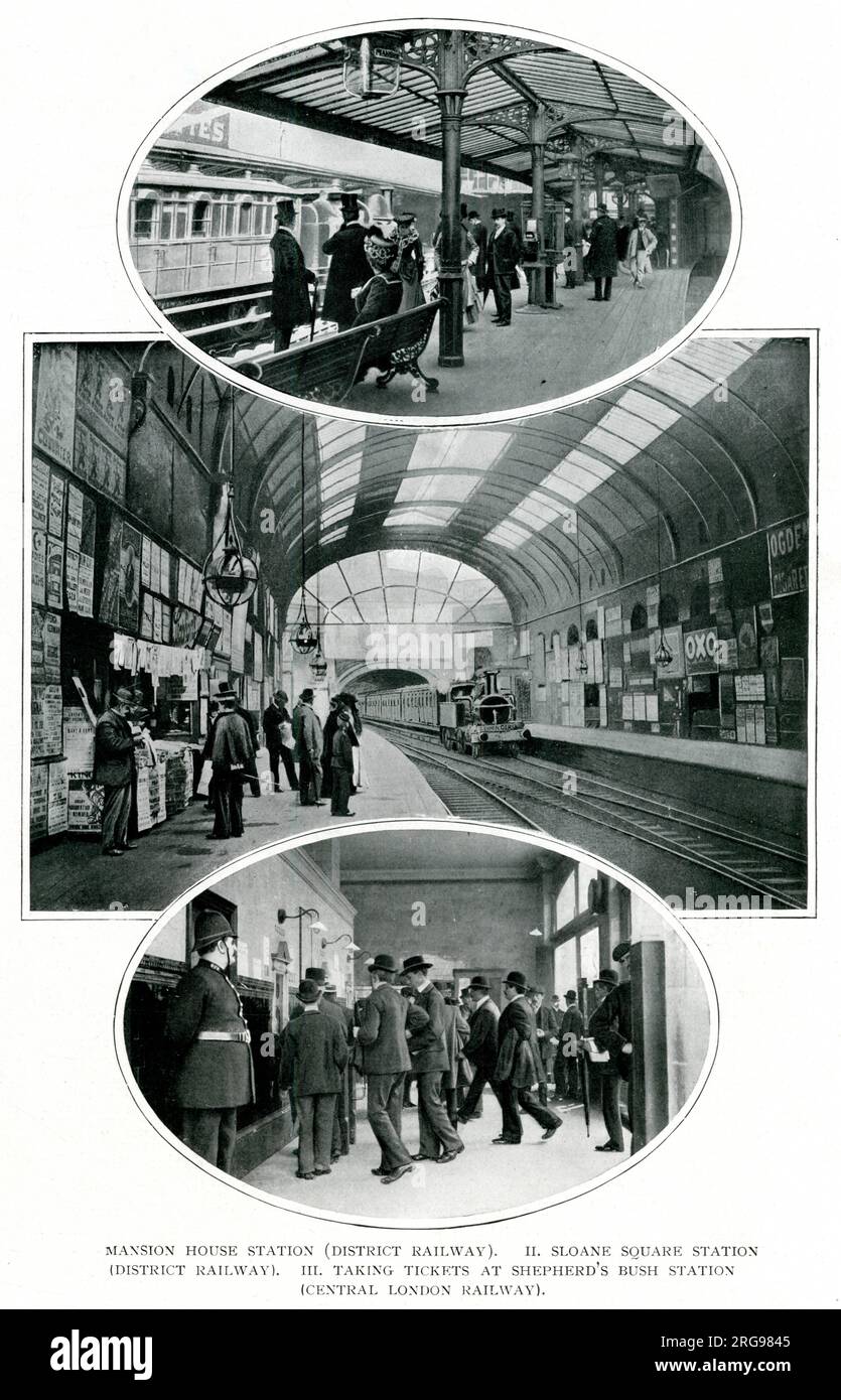 Métro, scènes de trois stations, Londres - Mansion House (District Line), Sloane Square (District Line), et la billetterie à Shepherds Bush (Central Line). Banque D'Images