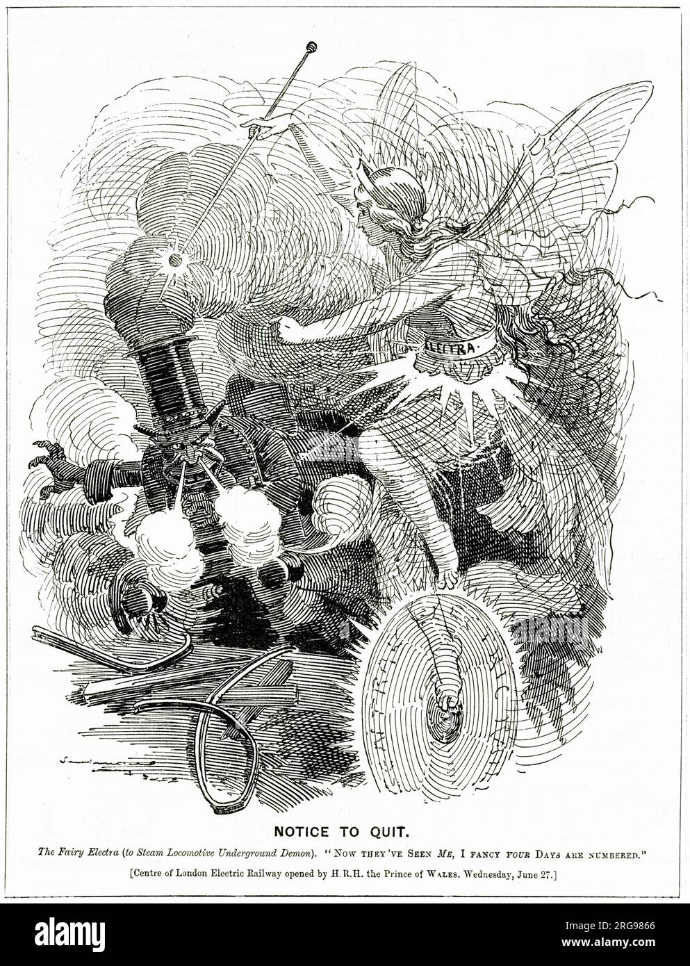 Cartoon, Notice to Quit, un commentaire sur l'introduction des trains électriques dans le métro de Londres, montrant la Fairy Electra bannir le démon souterrain de la locomotive à vapeur. Le Central London Railway (CLR), également connu sous le nom de Twopenny tube, reliant Shepherds Bush à l'ouest à Bank à l'est, a été ouvert par le prince de Galles le 27 juin 1900. Banque D'Images