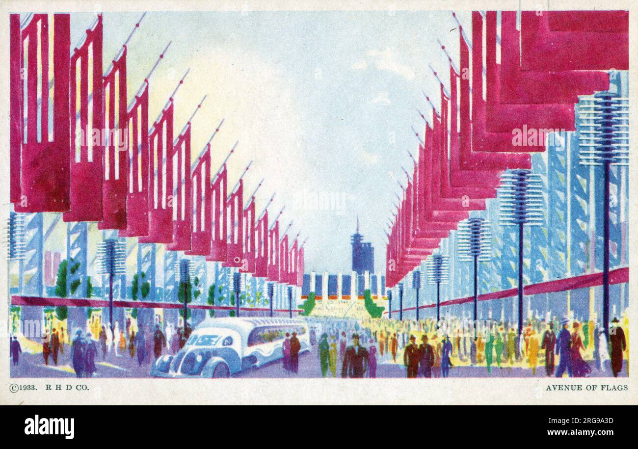 Avenue des drapeaux. A Century of Progress International exposition est une exposition universelle enregistrée auprès du Bureau International des Expositions (BIE), qui s'est tenue à Chicago, sous le nom d'exposition universelle de Chicago, de 1933 à 1934 pour célébrer le centenaire de la ville. Le thème de la foire était l'innovation technologique. Banque D'Images