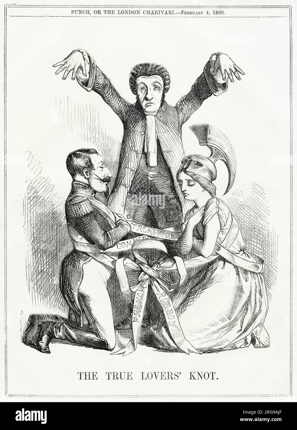 Caricature, The True Lovers' Knot - un commentaire satirique sur un traité de libre-échange (le traité Cobden-Chevalier, signé le 23 janvier 1860) entre la Grande-Bretagne et la France, montrant la Britannia et l'empereur français, Napoléon III, agenouillés, avec le député Richard Cobden debout au-dessus d'eux, officiant comme ministre. Le traité a été décrit comme le premier accord commercial moderne. Banque D'Images