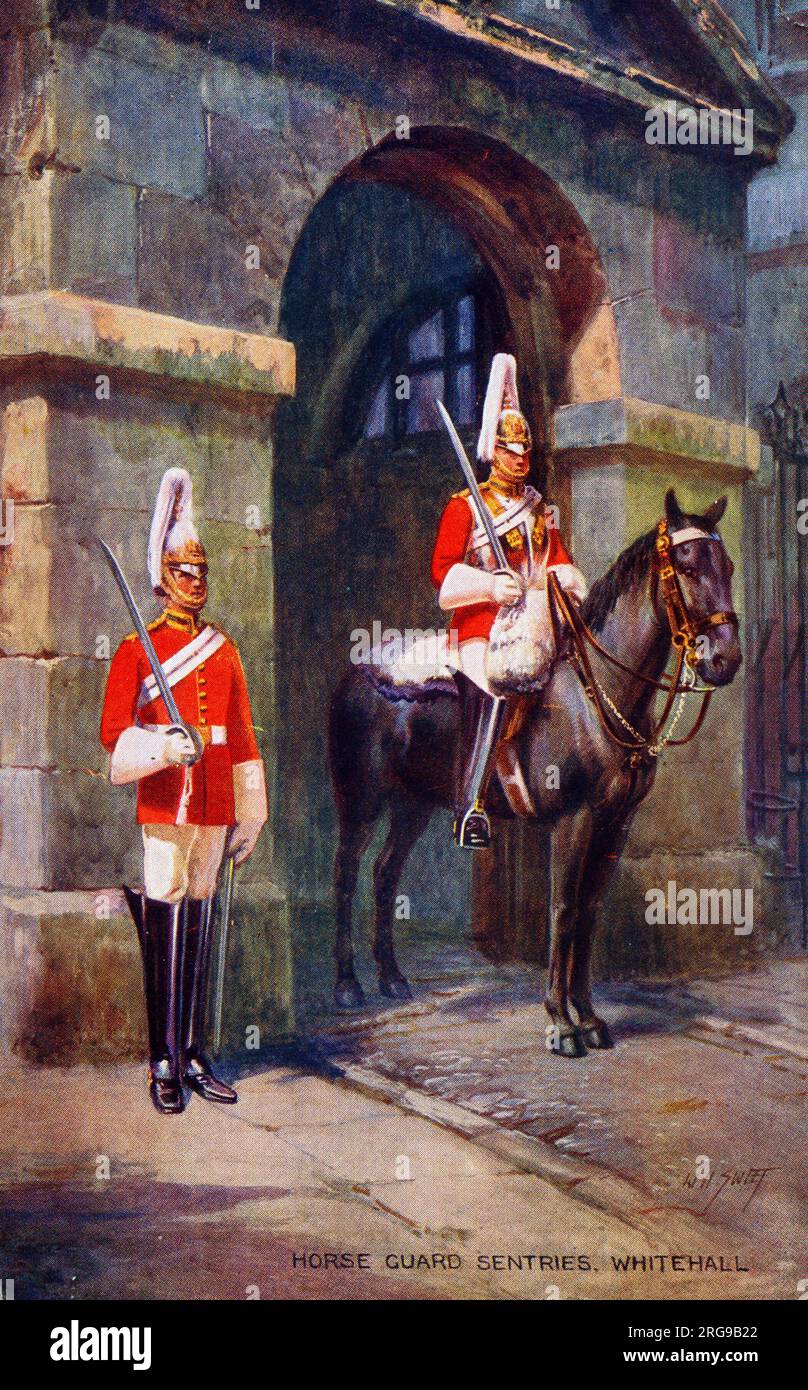 Royal Horse Guard Sentres - Life Guards, Horseguards Parade, Whitehall, Londres Banque D'Images