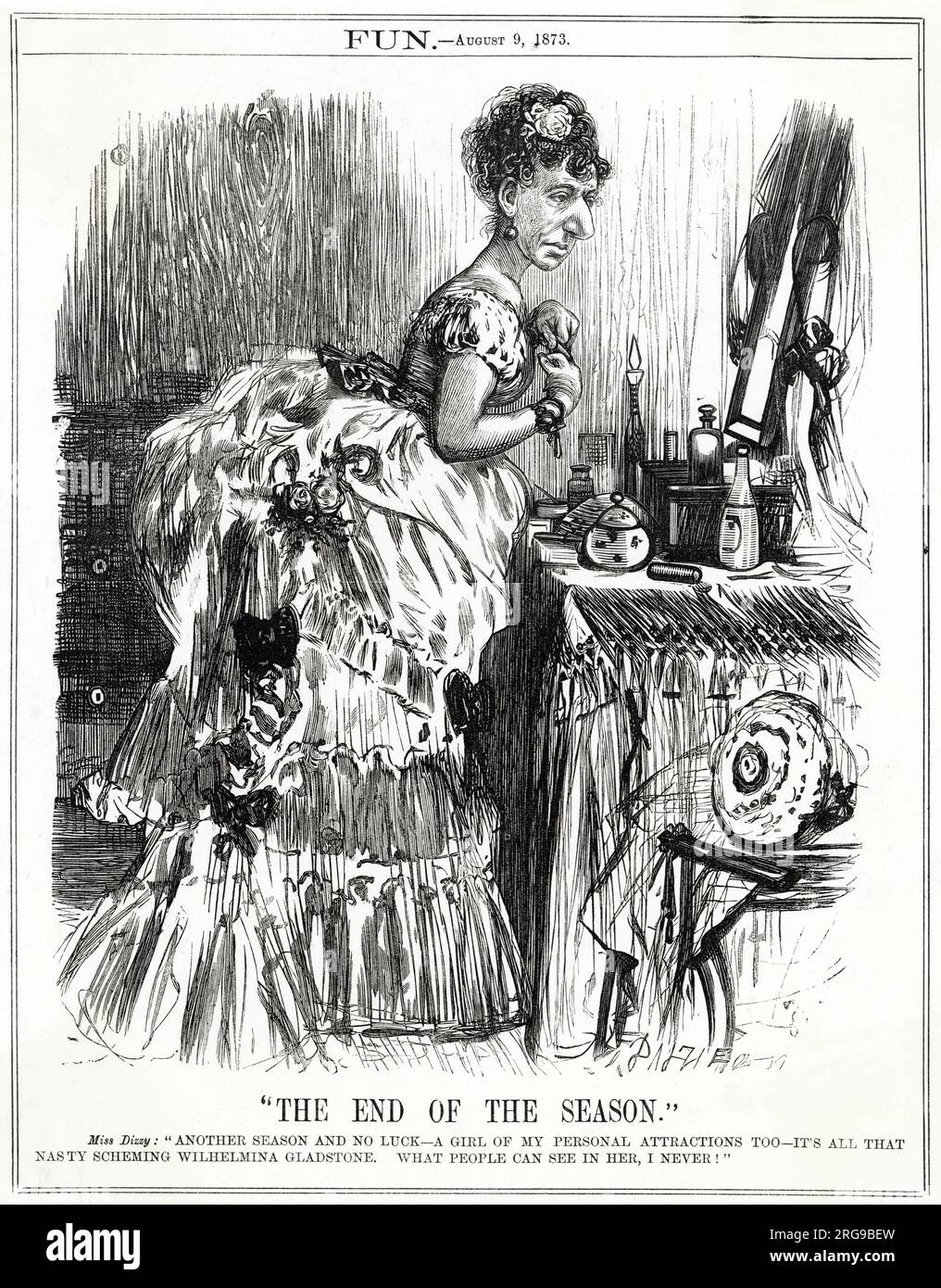Cartoon, la fin de la saison - Benjamin Disraeli (Miss Dizzy), déguisé en débutante, se prépare pour le dernier événement de la saison. Elle/il se plaint que personne ne semble s'être intéressé à elle, et blâme tout cela sur Wilhelmina Gladstone. Banque D'Images