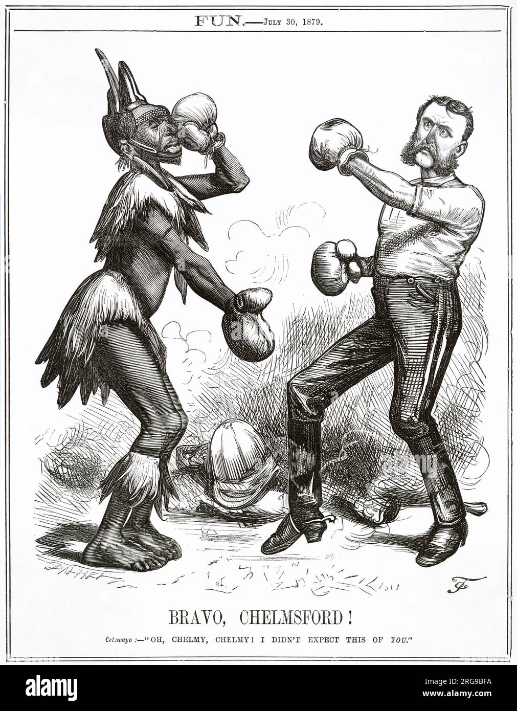 Cartoon, Bravo, Chelmsford ! Commentaire satirique sur la bataille d'Ulundi (4 juillet 1879), pendant la guerre anglo-zoulou, remportée par les forces de Lord Chelmsford contre celles de Cetewayo. Ils sont représentés ici comme des boxeurs dans des gants de boxe. Banque D'Images