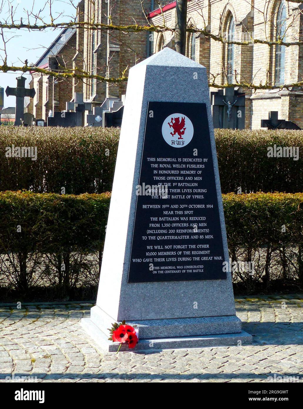 Mémorial au 1st BN Royal Welsh Fusiliers, Zandvoorde Banque D'Images