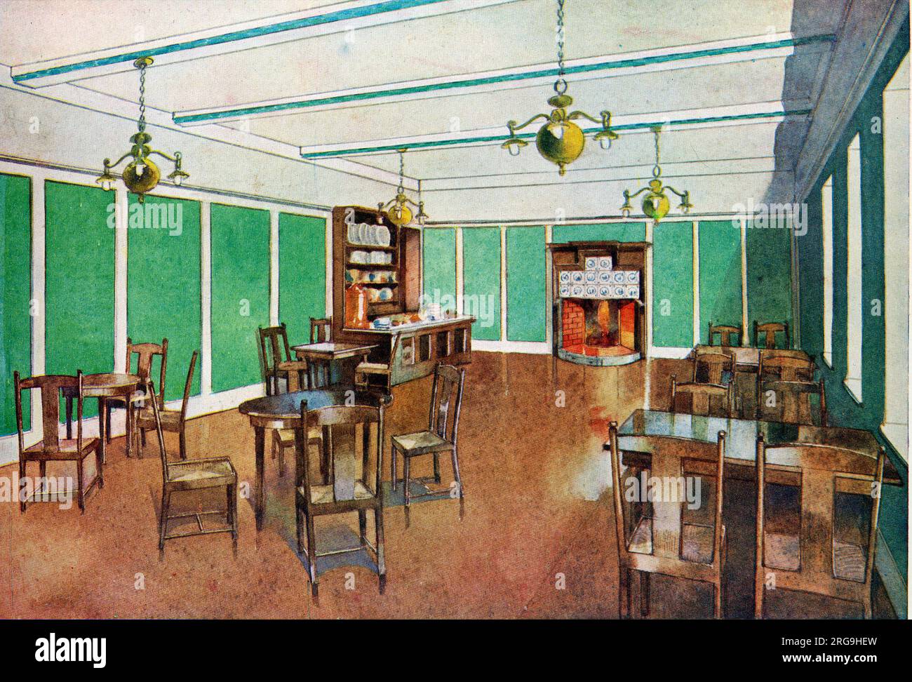 Décor et disposition suggérés pour un déjeuner et une salle à manger « haut de gamme » des années 1900 Avec ses murs lambrissés verts peints et son mobilier élégant, la chambre donne un clin d'œil au style de Charles Rennie Macintosh. Banque D'Images