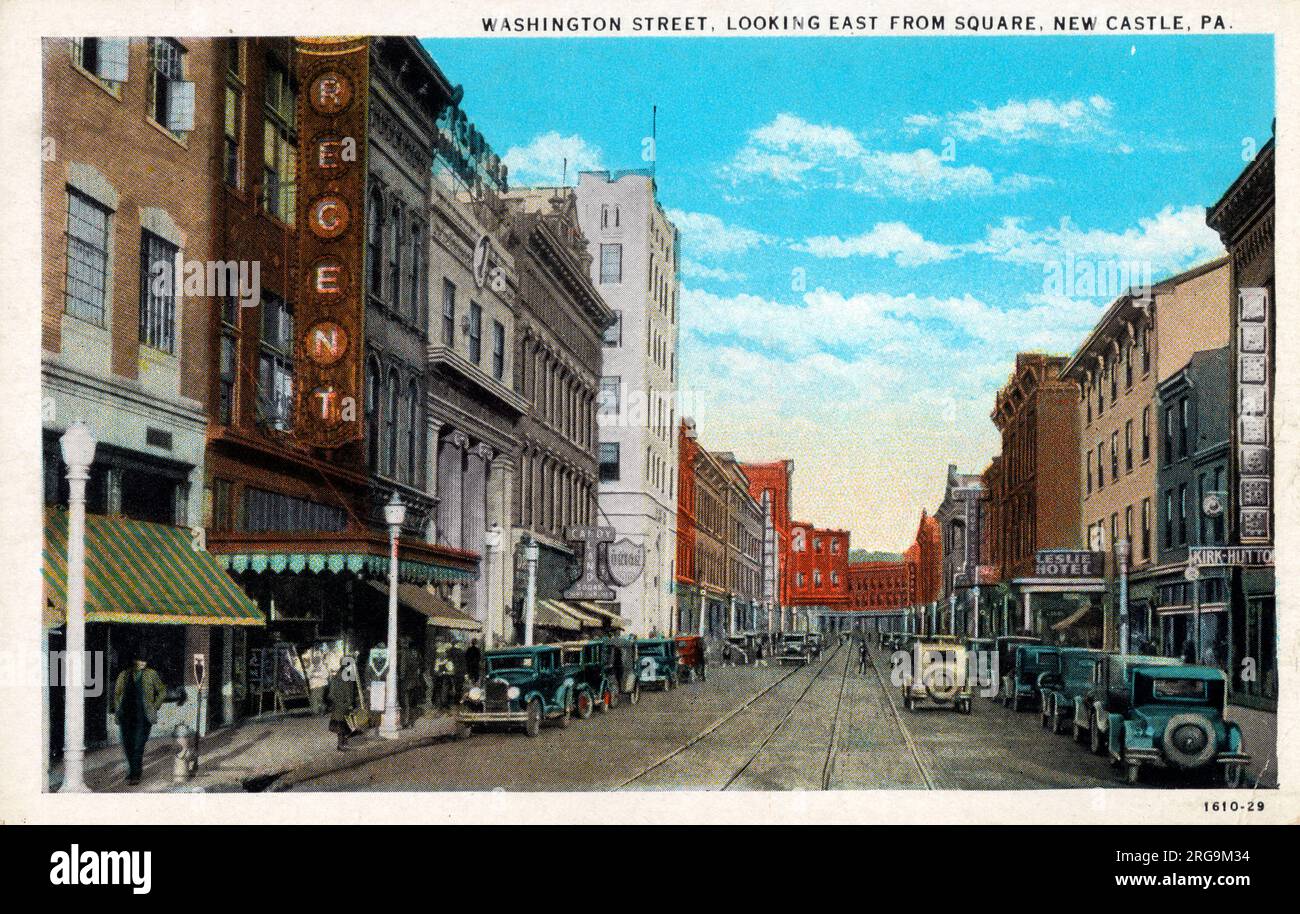 Washington Street, vue à l'est de Square, New Castle, Lawrence County, Pennsylvanie, États-Unis. Banque D'Images