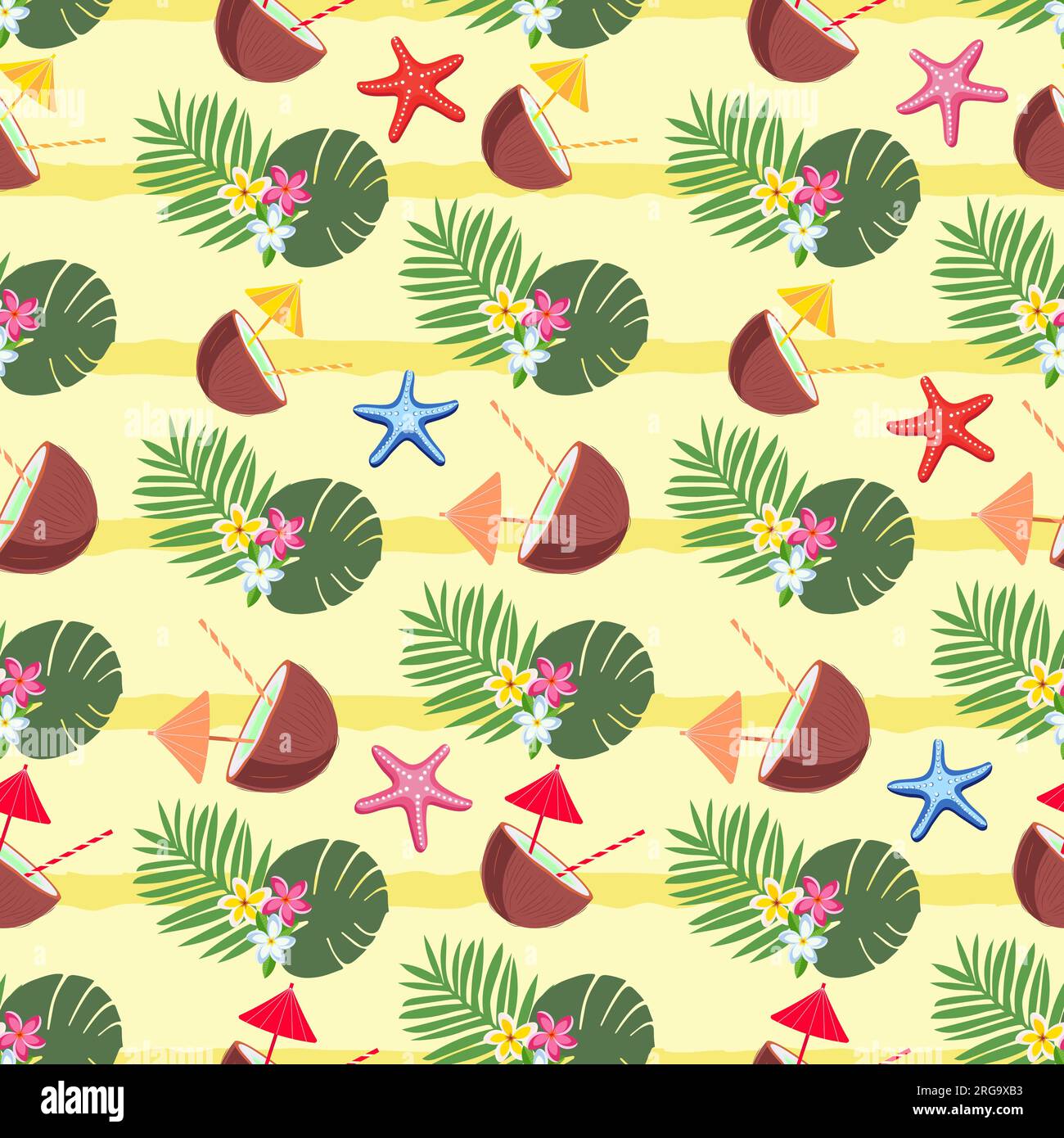 Motif vectoriel d'été sans couture avec cocktail de noix de coco, feuilles tropicales, fleurs. Illustration de Vecteur