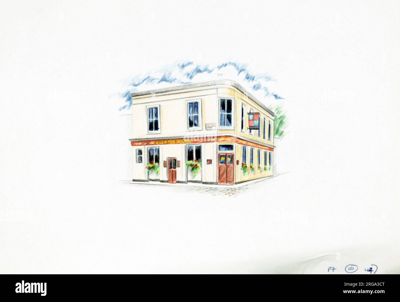Croquis de Queens Arms, Kensington, Londres. Le côté principal de l'imprimé (illustré ici) représente : un croquis du pub. Le verso de l'imprimé (disponible sur demande) détails: Rien pour les armoiries Queens, Kensington, Londres SW7 5QL. En juillet 2018 . Château (Mitchells et Butlers) Banque D'Images