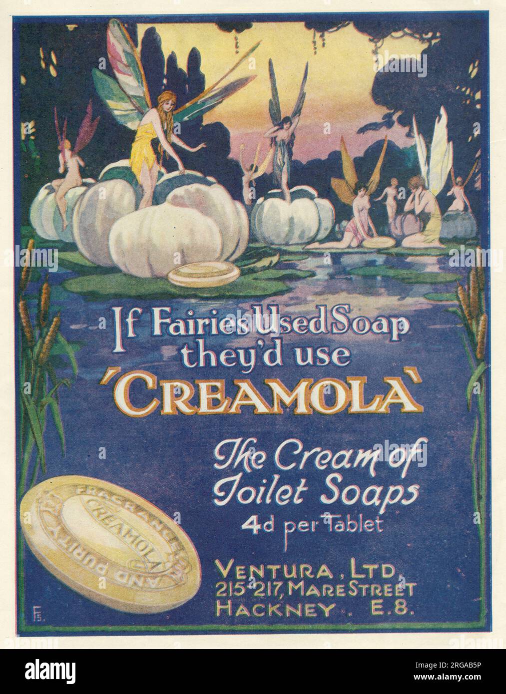 Publicité pour les savons de toilette Creamola, fabriqués par Ventura Ltd de Mare Street, Hackney. "Si les fées utilisaient du savon, elles utiliseraient du Creamola". Banque D'Images