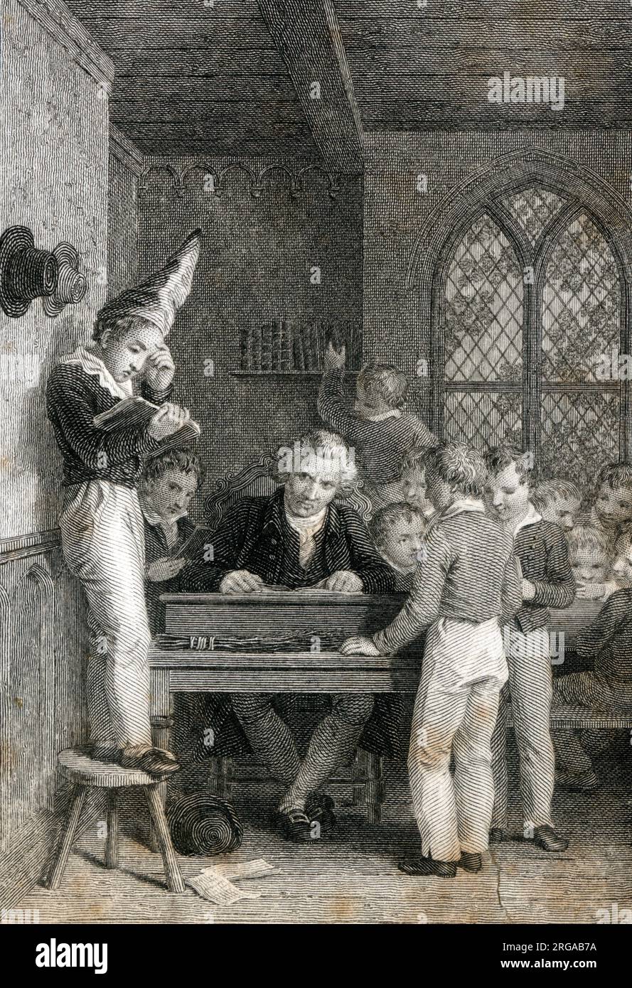 Scène en classe du début du 19th siècle - le Dunce (portant la casquette de Dunce) pleure en lisant un passage à l'enseignant de face à la poupe Banque D'Images