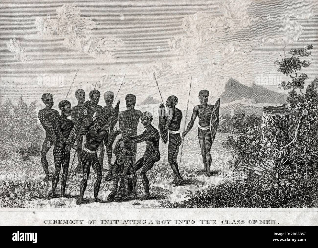 Cérémonie d'initiation aborigène impliquant l'avulsion des dents appelée Yoo-lahng erah-ba-diahng en Nouvelle-Galles du Sud. De : un compte-rendu de la colonie anglaise en Nouvelle-Galles du Sud Banque D'Images