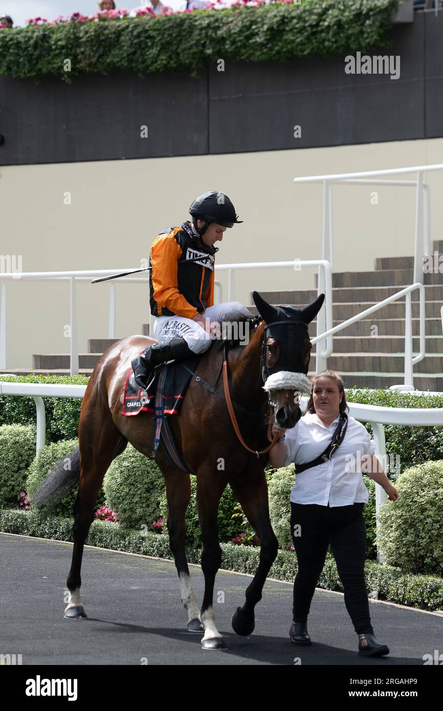 Ascot, Berkshire, Royaume-Uni. 28 juillet 2023. Horse Mobashr monté par le jockey Ryan est arrivé deuxième des Chapel Down handicap Stakes au QIPCO King George Weekend à l'hippodrome d'Ascot. Crédit : Maureen McLean/Alamy Banque D'Images