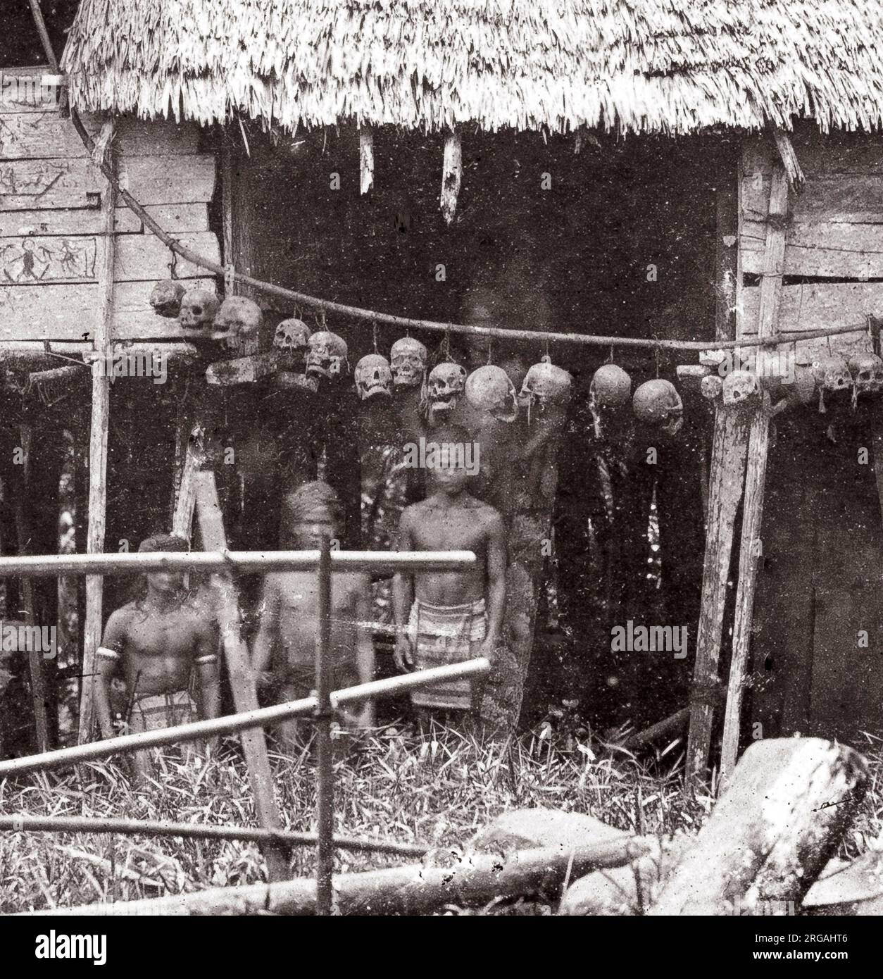 c. 1870s - Indes néerlandaises, Indonésie Sumatra - maison appartenant à des membres d'une tribu de chasse au chef avec des crânes accrochés à l'entrée, probablement la tribu Dayak. Image plus large également disponible. Banque D'Images