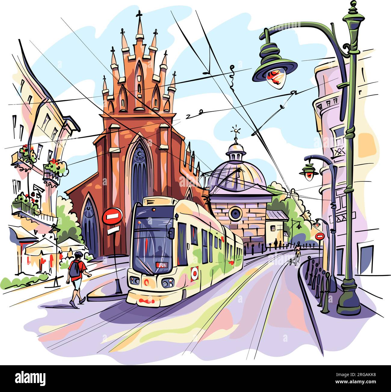 Dessin couleur vectoriel de tram près de l'église de la Sainte Trinité, Cracovie, Pologne Illustration de Vecteur