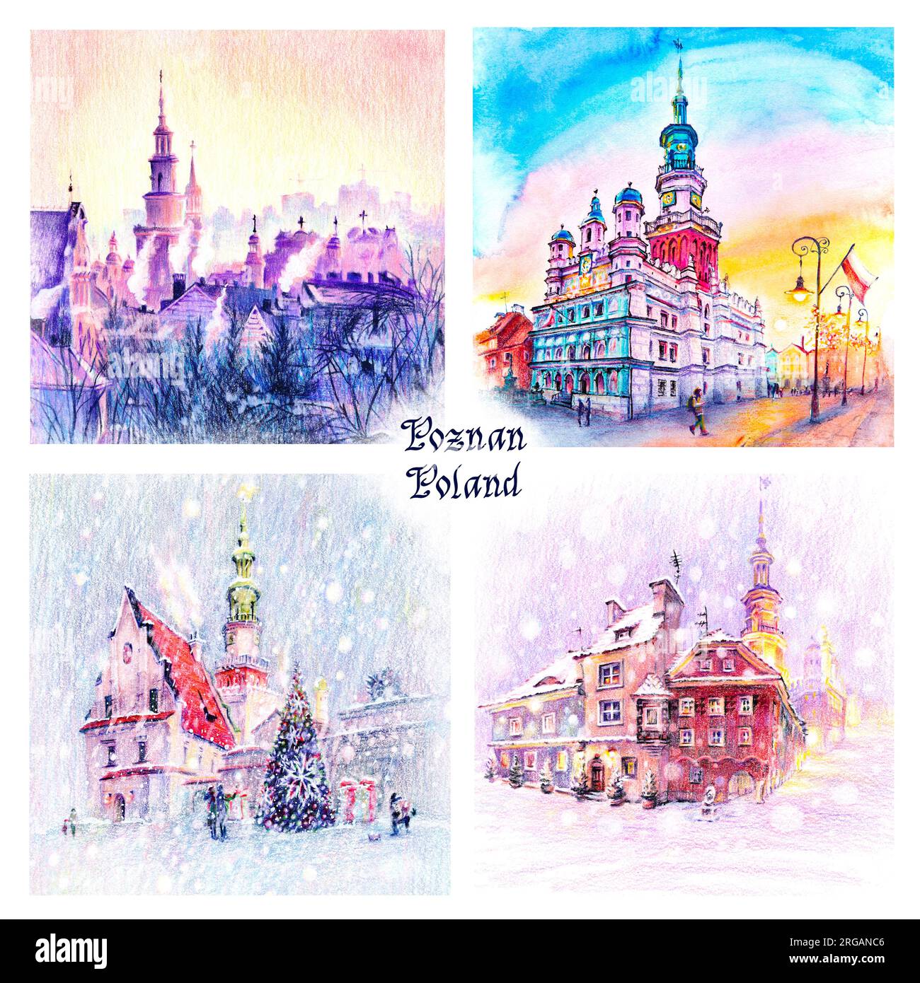 Set 1 de croquis aquarelle de Poznan, Pologne Banque D'Images