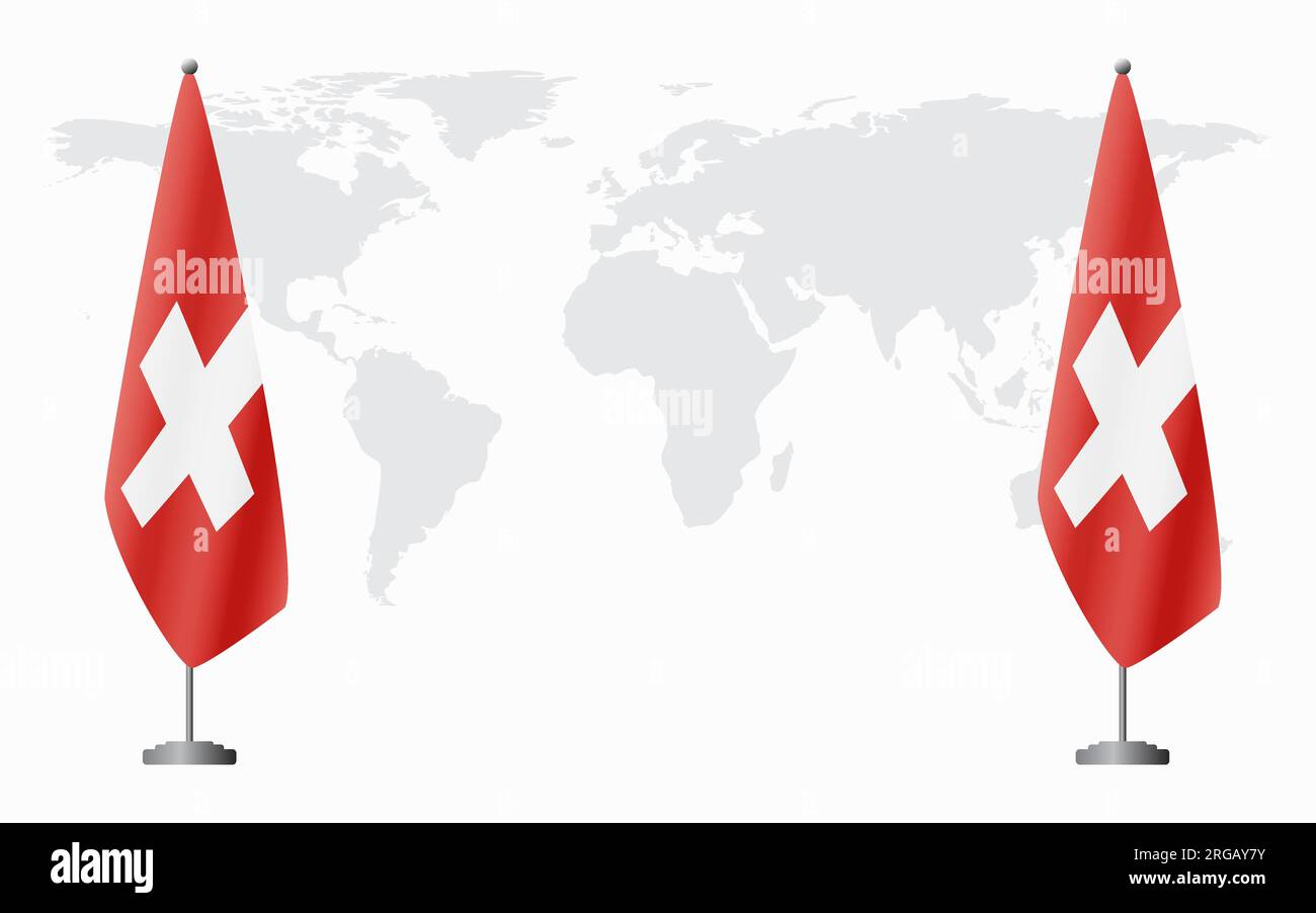 La Suisse et la Suisse drapeaux pour la réunion officielle sur fond de carte du monde. Illustration de Vecteur