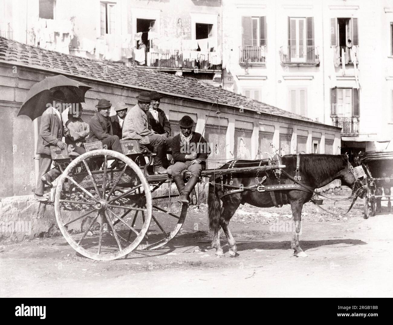 Photographie ancienne de la fin du XIXe siècle : cheval et calèche, hackney, véhicule de tourisme, Italie. Banque D'Images