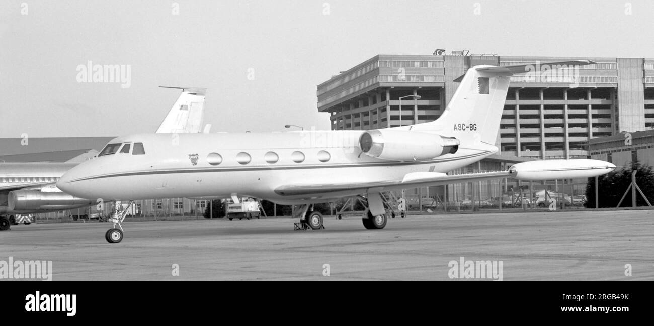 Grumman G-1159 Gulfstream II A9C-BG (msn 202 , plus tard A9-CBG), du Bahreïn Amiri Royal Flight - Bahreïn Royal Flight, à l'aéroport de Londres Heathrow. Banque D'Images