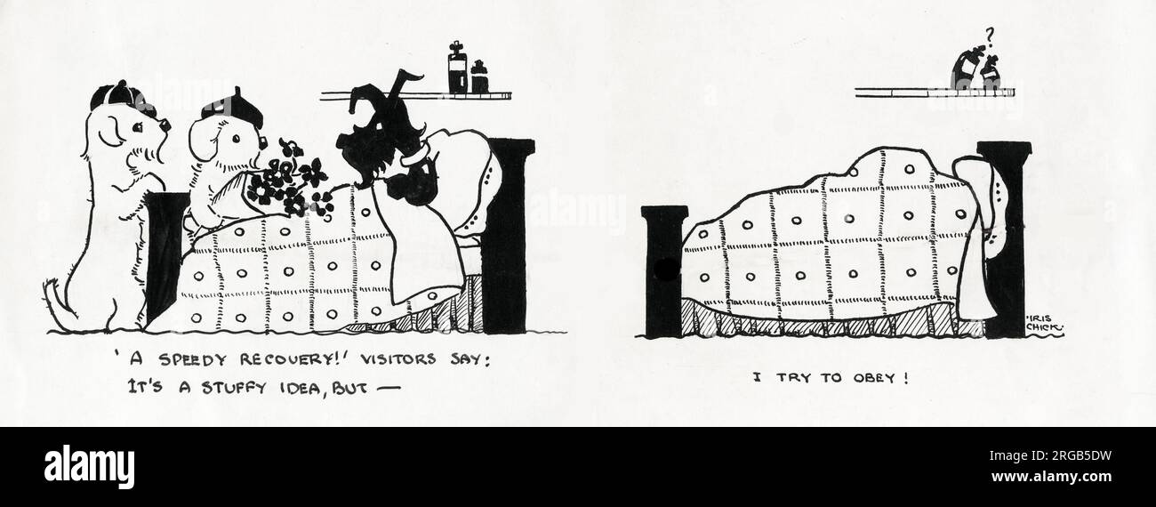 Œuvre originale pour une bande dessinée Simply Simon - Simon malade au lit, essayant d'être un bon chien. Iris Chick avait un spot de dessin animé régulier pour Simon dans le magazine Tail-Wagger à la fin de 1930s. Banque D'Images