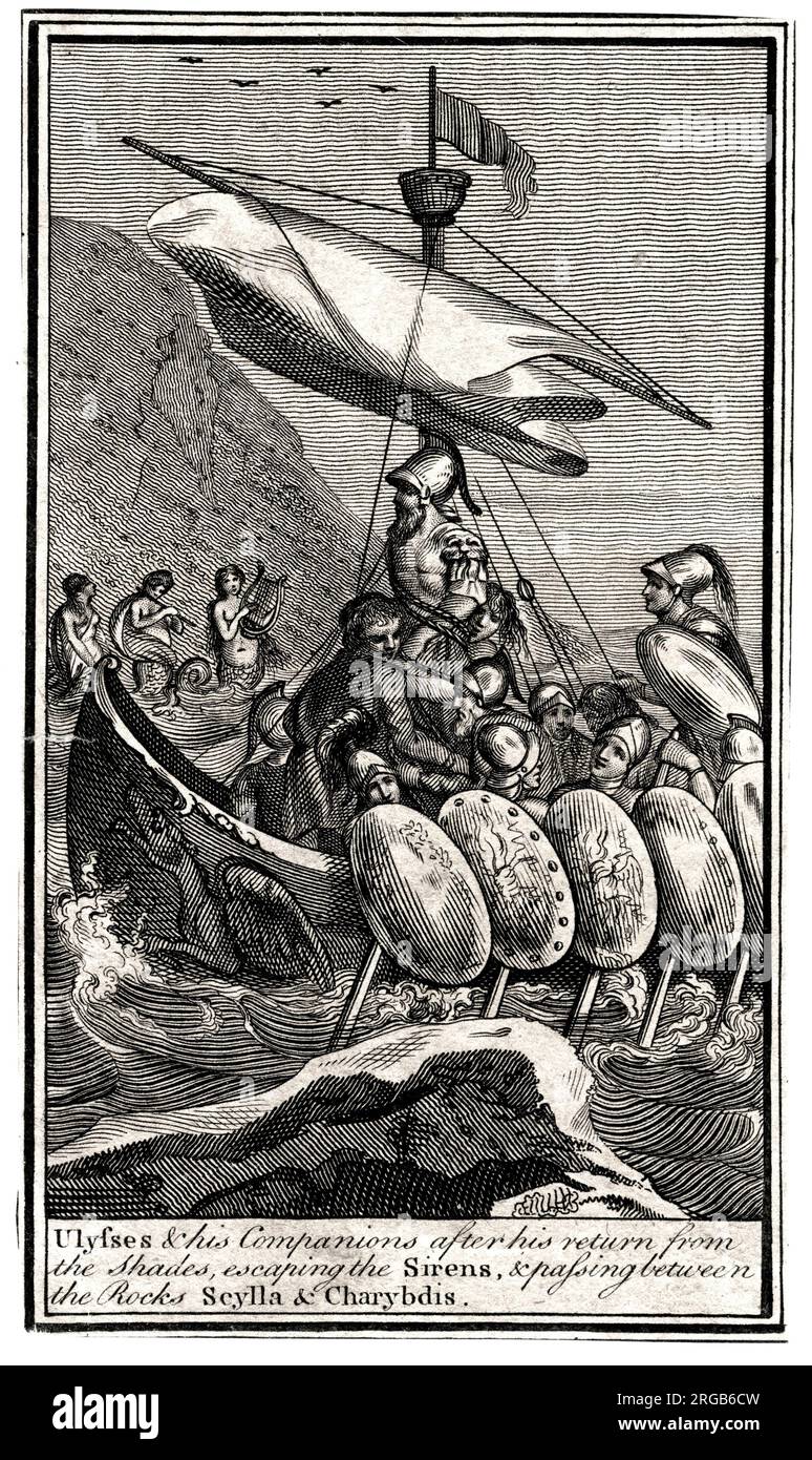 Ulysses et ses compagnons s'enfuient des Sirens, passant entre Scylla et Charybdis. Banque D'Images