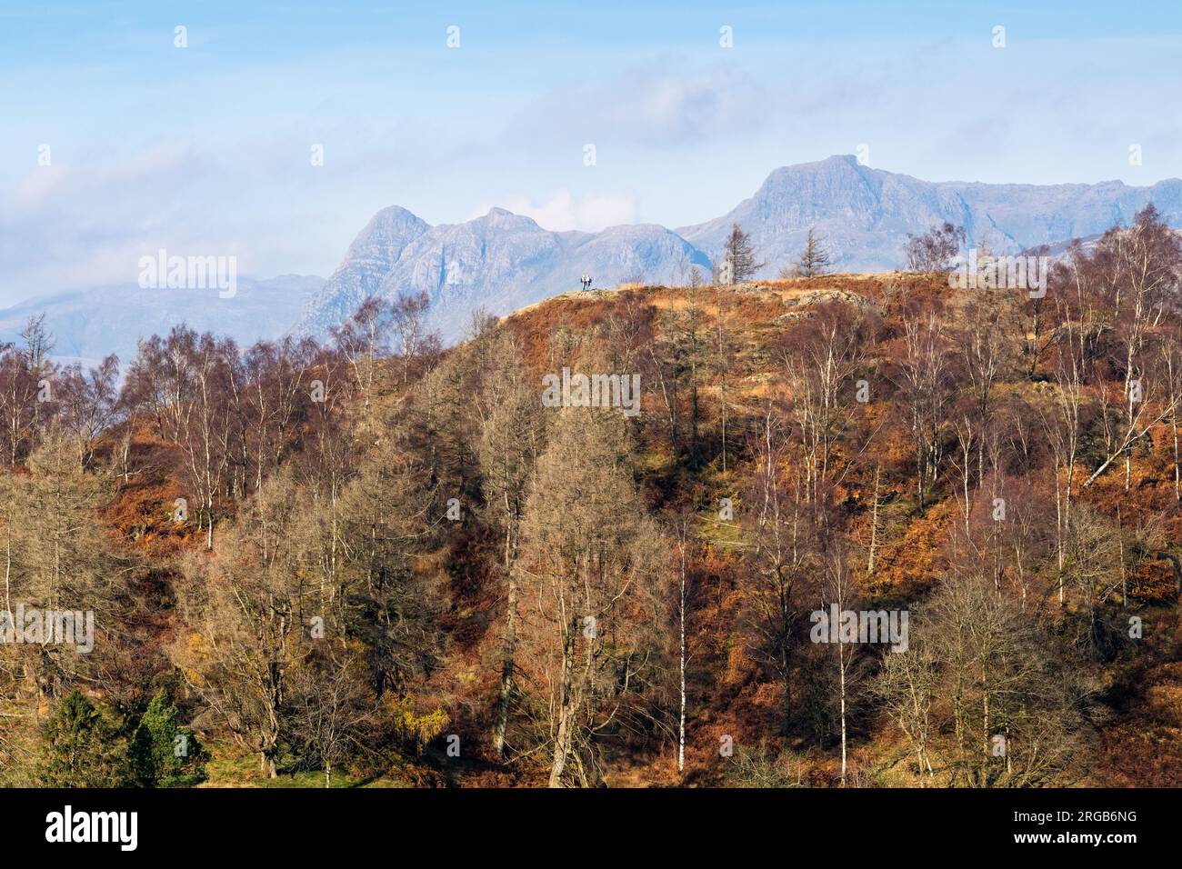Un couple debout au sommet de Tom Heights, avec les Langdale Pikes derrière eux, vu de Tarn Hows, Lake District National Park, Cumbria, Englan Banque D'Images