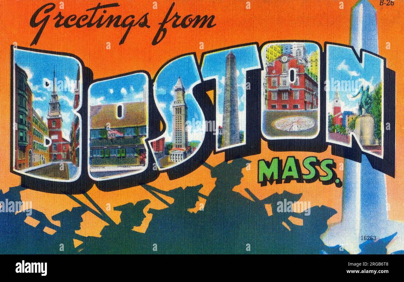 Grande carte postale lettre - Salutations de Boston, Massachusetts, USA. Banque D'Images