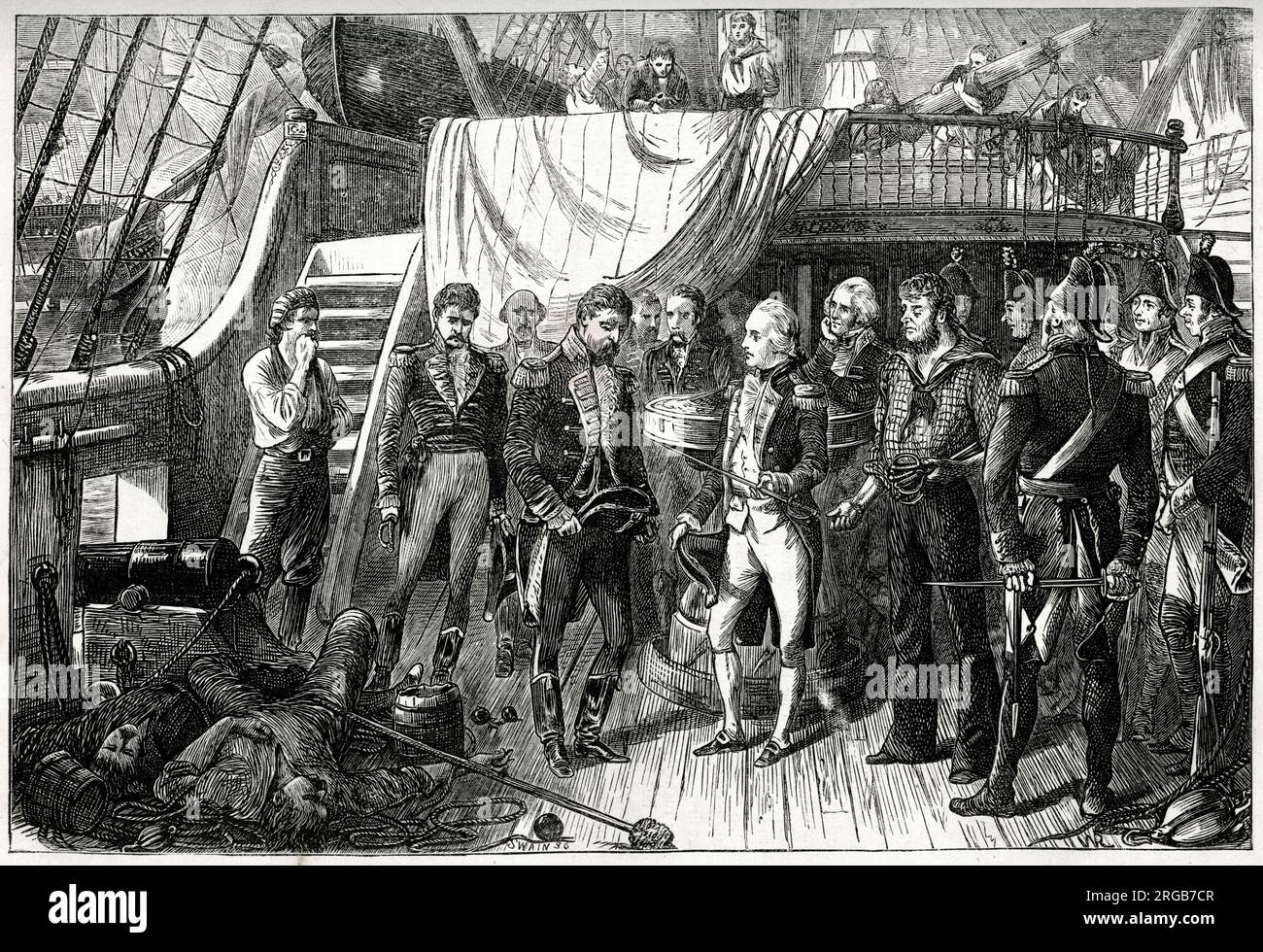 Nelson recevant les épées (comme symbole de la reddition) à bord du San José (plus tard renommé HMS San Josef), un navire capturé de la marine espagnole pendant la bataille de Cap St Vincent, sud du Portugal, 14 février 1797, pendant la guerre anglo-espagnole (1796-1808). La flotte britannique sous l'amiral Sir John Jervis a vaincu une flotte espagnole plus importante sous l'amiral Don Jose de Cordoba y Ramos. Banque D'Images