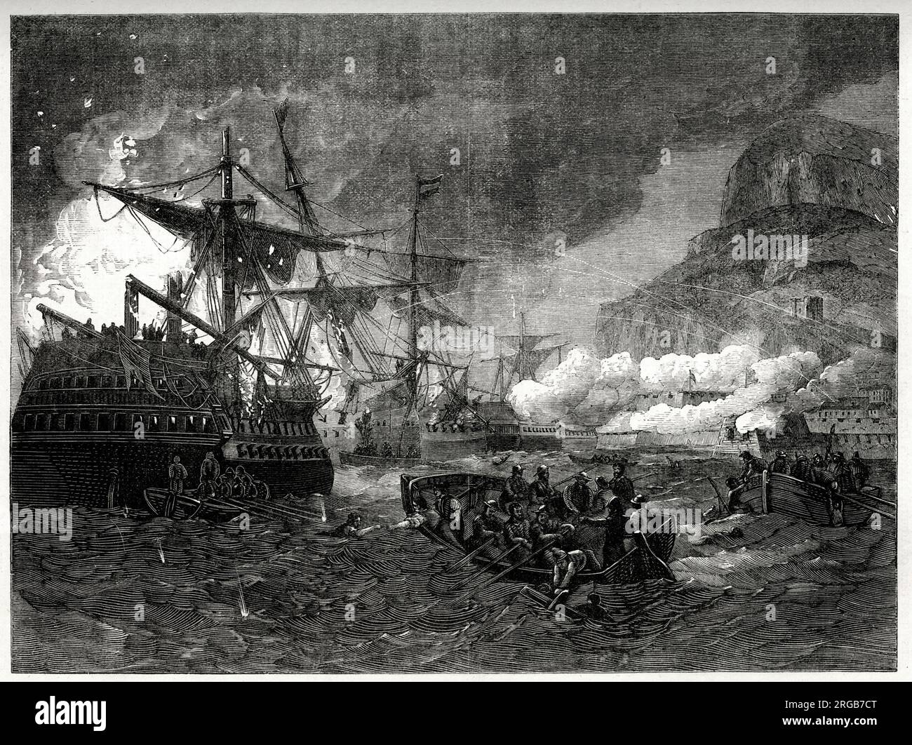 Grand assaut de la flotte française le 18 septembre 1782 lors du Grand Siège de Gibraltar (1779-1783), tentative infructueuse de l'Espagne et de la France de capturer Gibraltar des Britanniques lors de la guerre d'indépendance américaine (1775-1783). Banque D'Images