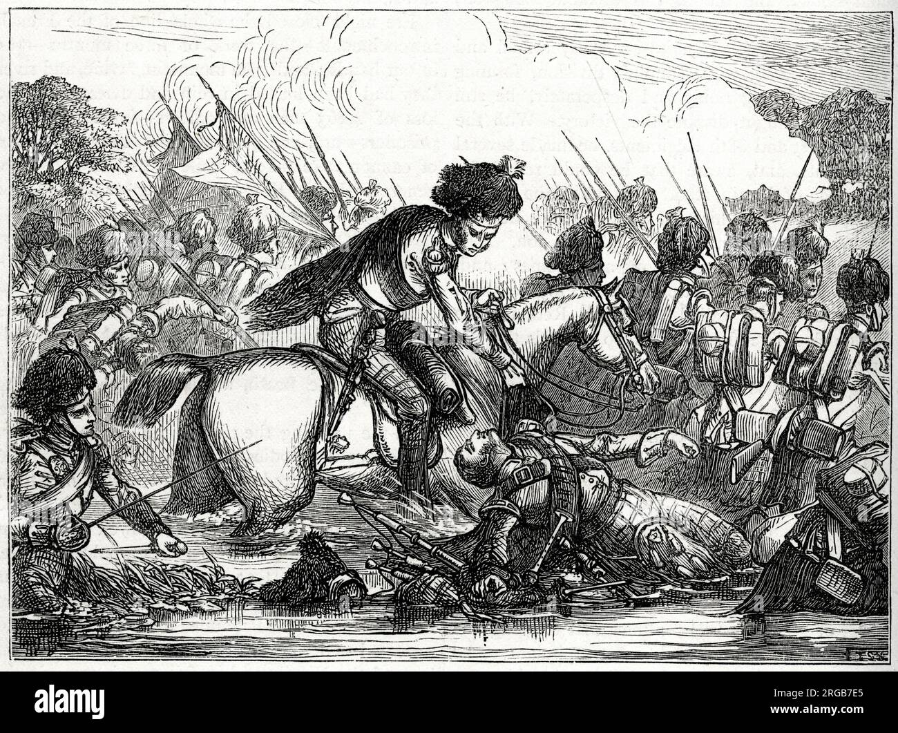 Colonel John Cameron avec les 92nd Highlanders traversant la Nive près de Bayonne, au sud-ouest de la France, le 9 décembre 1813, dans le cadre de la guerre de la Sixième Coalition (1813-1814). La pipette préférée de Cameron a été tiré au moment où ils traversaient et a été emportée dans l'eau. Banque D'Images