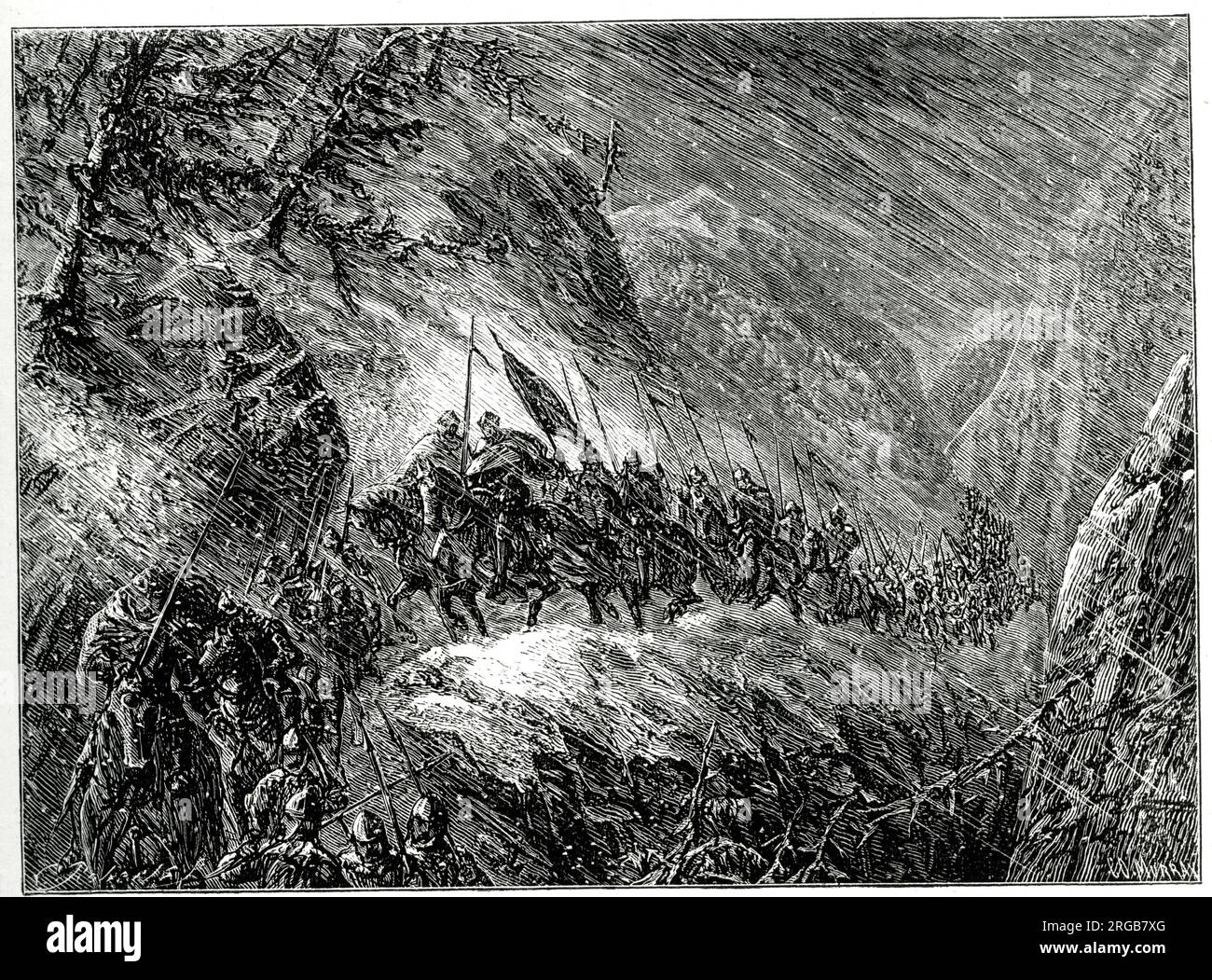 La marche du Prince Noir avec son armée à travers Roncesvalles (Roncevaux), un col de haute montagne dans les Pyrénées, dans le nord de l'Espagne près de la frontière avec la France. Un épisode de la campagne espagnole, il a eu lieu en février 1367, lors de conditions météorologiques difficiles. Banque D'Images