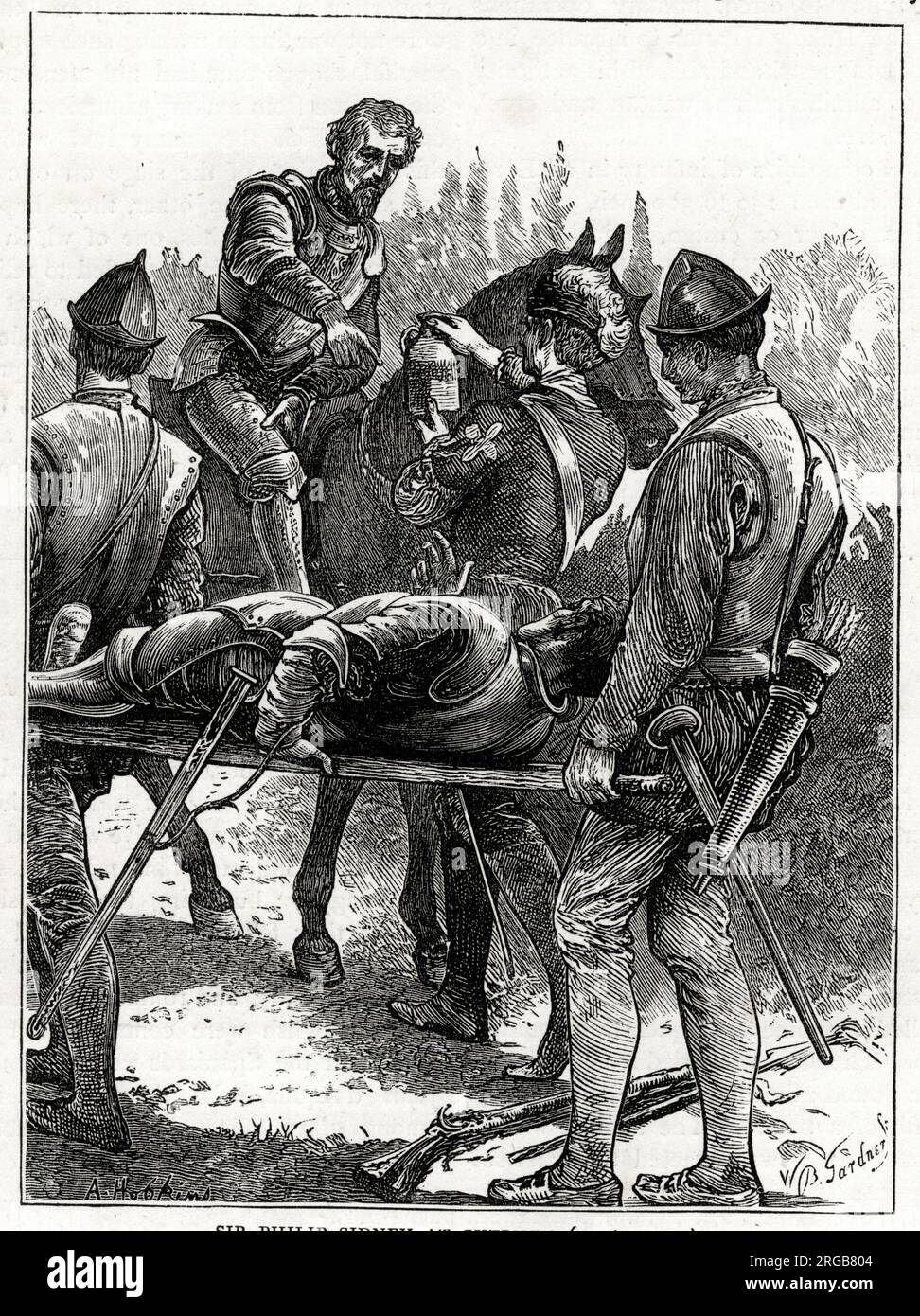 Sir Philip Sidney, poète et courtier anglais, mortellement blessé à la bataille de Zutphen (aujourd'hui Gelderland, pays-Bas), 22 septembre 1586, dans le cadre de la guerre des quatre-vingts ans (1568-1648). Il mourut de gangrène trois semaines plus tard. Banque D'Images