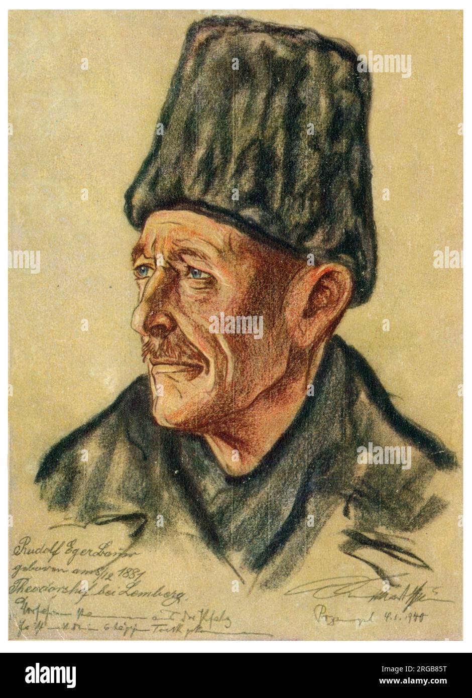 Peinture par Otto Engelhardt-Kyffhauser de sa série 'Great Trek' - Farmer Rudolf Eger. Engelhardt-Kyffhauser était membre du NSDAP et de la SS et a dessiné de nombreuses images de guerre et a représenté plusieurs grands socialistes nationaux. En janvier 1940, Engelhardt-Kyffhauser accompagne un trek d'Allemands ethniques à la demande de Himmler . Ces gens étaient originaires de Galice et de Volhynia (qui appartenaient à l'est de la Pologne annexée par les Soviétiques), et ont été déplacés à Warthegau. 120 000 Polonais avaient déjà été déportés afin de créer un espace de peuplement pour eux. Engelhardt-Kyffhäuser a documenté le parcours dans num Banque D'Images