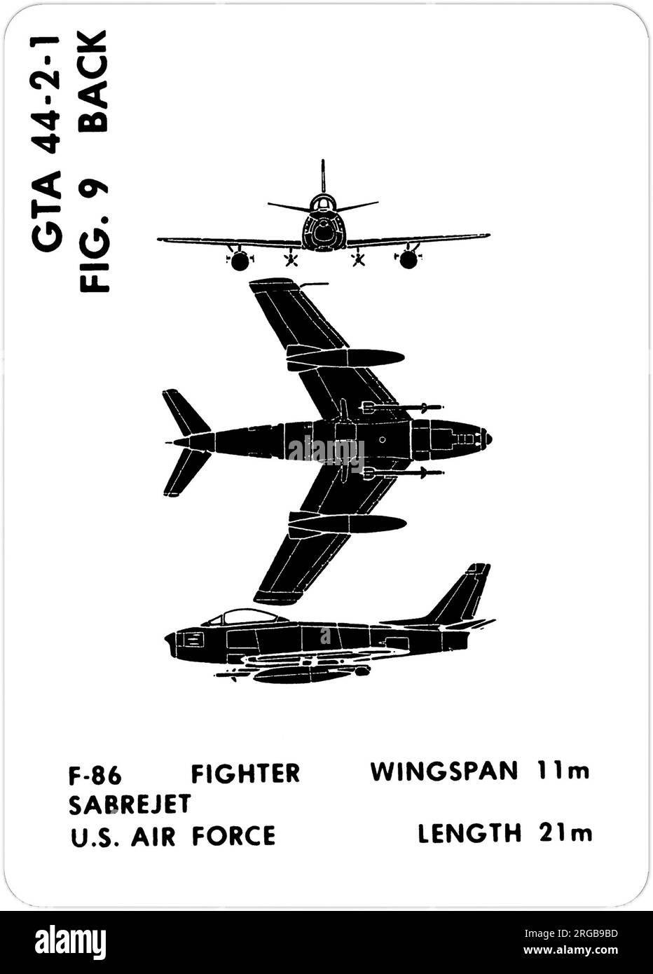 Sabre F-86F pour l'Amérique du Nord. Il s'agit de l'une des séries de Graphics Training AIDS (GTA) utilisées par l'armée des États-Unis pour former leur personnel à reconnaître les avions amicaux et hostiles. Cet ensemble, GTA 44-2-1, a été publié en July1977. L'appareil est équipé d'appareils provenant du Canada, de l'Italie, du Royaume-Uni, des États-Unis et de l'URSS. Banque D'Images