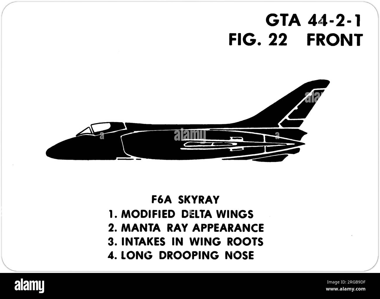 Douglas F4D-1 Skyray (re-désigné F-6A en 1962, bien qu'il ne soit pas en service). Il s'agit de l'une des séries de Graphics Training AIDS (GTA) utilisées par l'armée des États-Unis pour former leur personnel à reconnaître les avions amicaux et hostiles. Cet ensemble, GTA 44-2-1, a été publié en July1977. L'appareil est équipé d'appareils provenant du Canada, de l'Italie, du Royaume-Uni, des États-Unis et de l'URSS. Banque D'Images