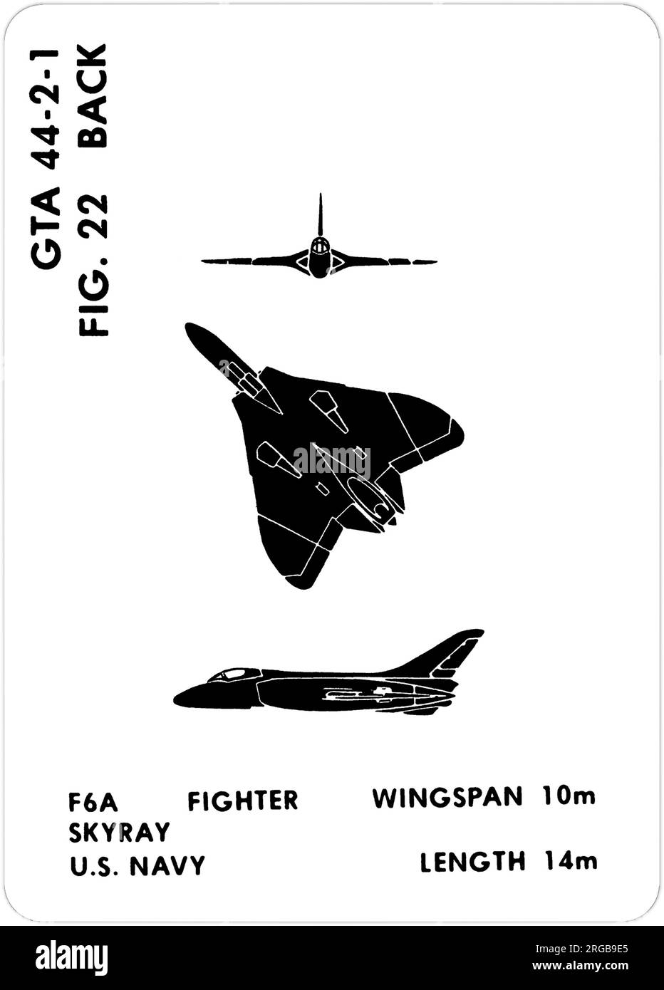 Douglas F4D-1 Skyray (re-désigné F-6A en 1962, bien qu'il ne soit pas en service). Il s'agit de l'une des séries de Graphics Training AIDS (GTA) utilisées par l'armée des États-Unis pour former leur personnel à reconnaître les avions amicaux et hostiles. Cet ensemble, GTA 44-2-1, a été publié en July1977. L'appareil est équipé d'appareils provenant du Canada, de l'Italie, du Royaume-Uni, des États-Unis et de l'URSS. Banque D'Images