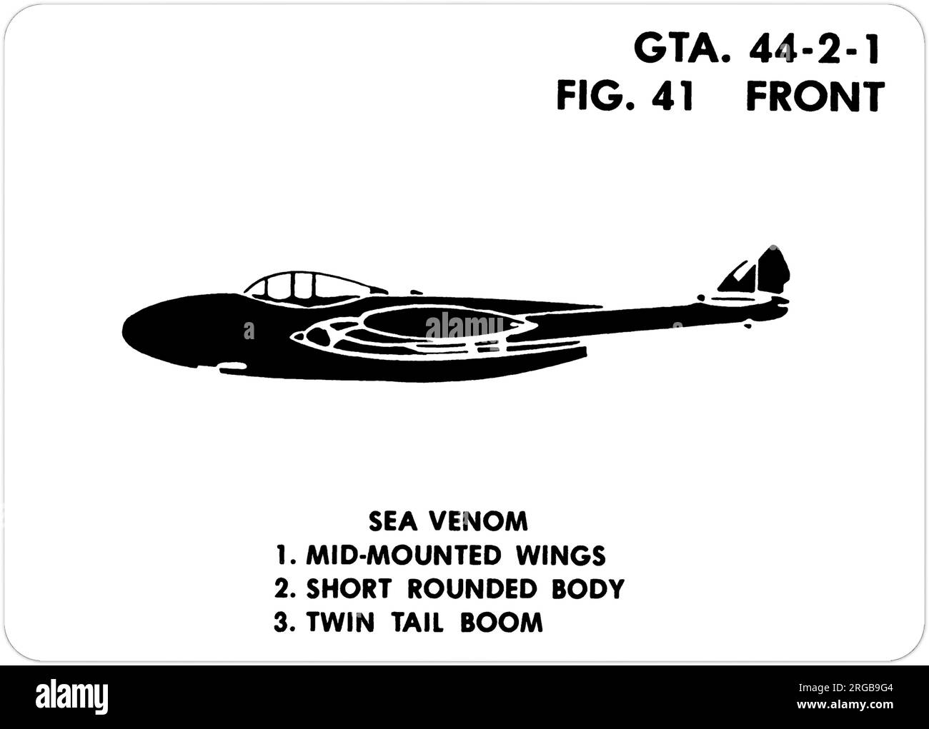 De Havilland Sea Venom F(AW).23. Il s'agit de l'une des séries de Graphics Training AIDS (GTA) utilisées par l'armée des États-Unis pour former leur personnel à reconnaître les avions amicaux et hostiles. Cet ensemble, GTA 44-2-1, a été publié en July1977. L'appareil est équipé d'appareils provenant du Canada, de l'Italie, du Royaume-Uni, des États-Unis et de l'URSS. Banque D'Images