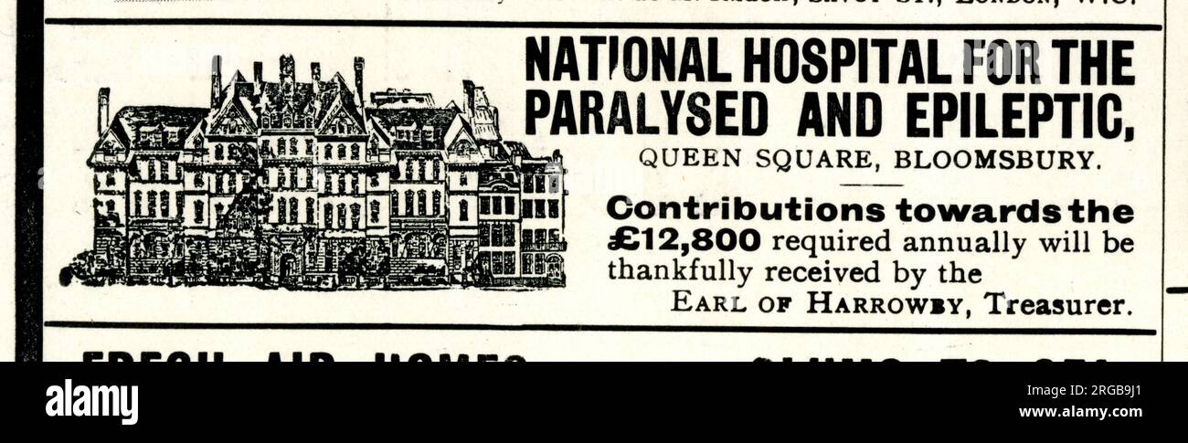Hôpital national pour la paralysie et l'épilepsie, Queen Square, Bloomsbury, Londres, invitation à faire des dons. Banque D'Images