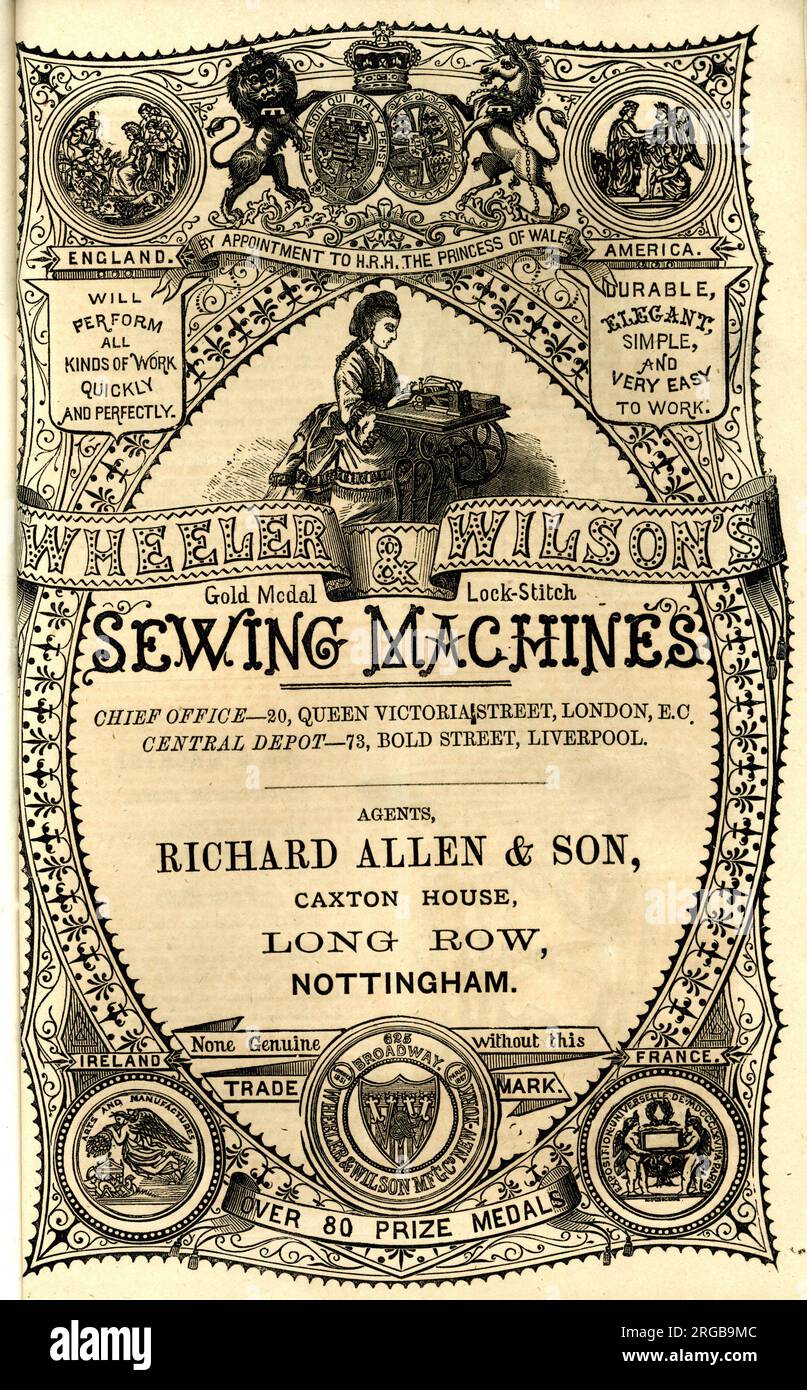 Couverture publicitaire, machines à coudre à point de cadenas pour la médaille d'or de Wheeler & Wilson, Queen Victoria Street, Londres, et Bold Street, Liverpool. Agents, Richard Allen & son, Caxton House, long Row, Nottingham. Banque D'Images