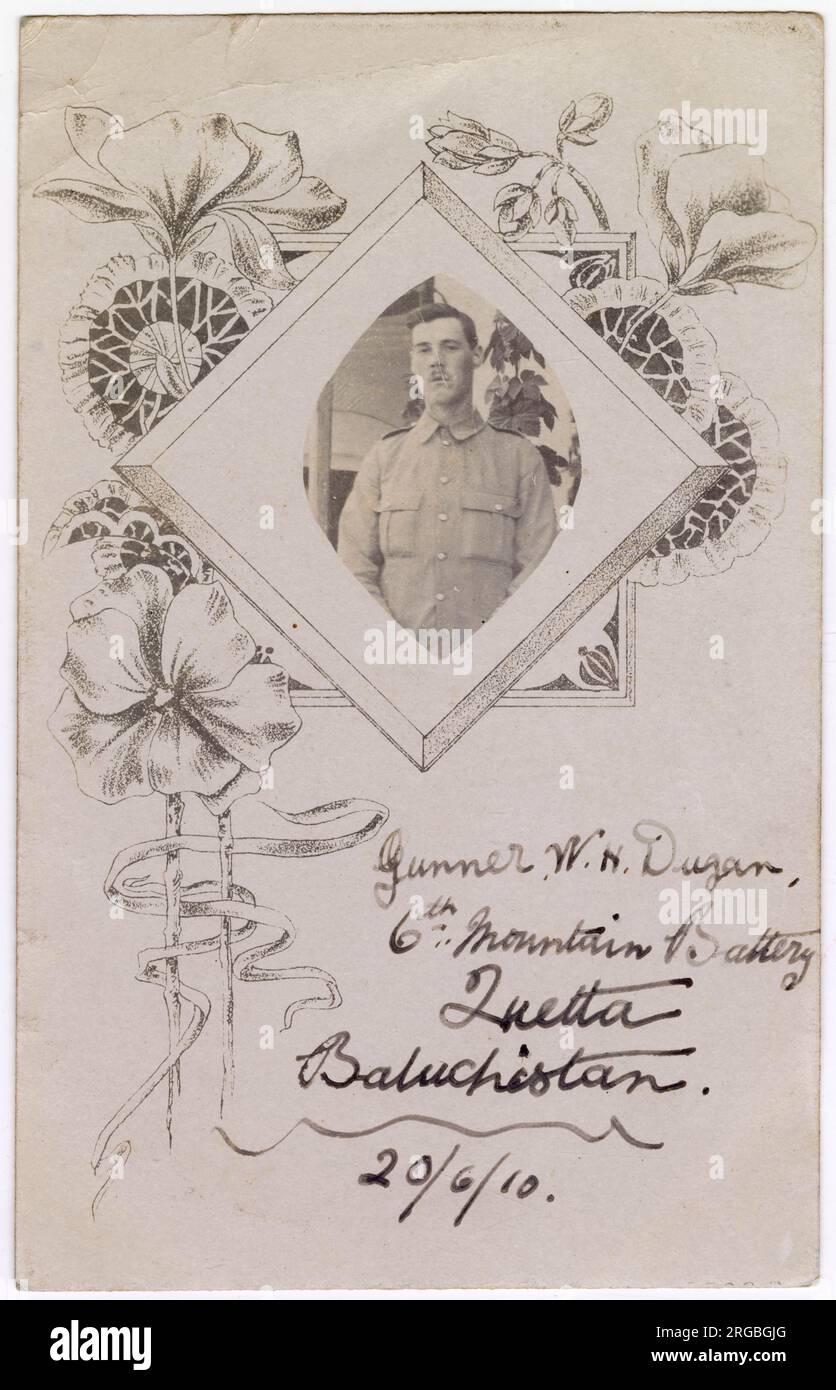 Gunner W H Dugan, 6th Mountain Battery, Quetta, Baloutchistan, Inde britannique (aujourd'hui Pakistan) - carte commémorative datée du 20 juin 1910. Banque D'Images