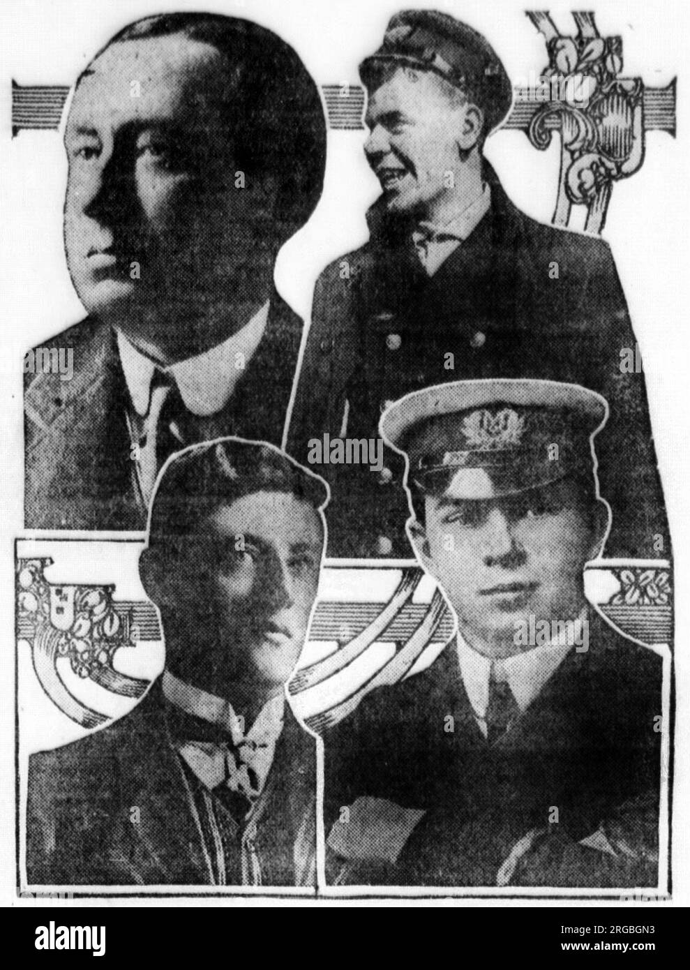 Individus connectés aux premiers sauvetages en mer coordonnés avec l'aide de la nouvelle technologie de Marconi, sans fil. (Dans le sens des aiguilles d'une montre à partir du haut à gauche) Giuseppe Marconi Hilself, Jack Binns - l'opérateur sans fil sur la République, Harold Cottam - l'opérateur sans fil sur le RMS Carpathia et Jack Phillips. Banque D'Images