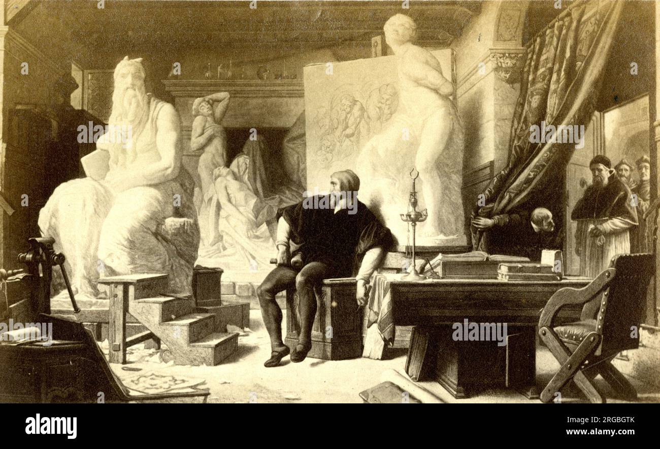 Michel-Ange dans son Studio visité par le Pape Julius II, par Alexandre Cabanel. Banque D'Images
