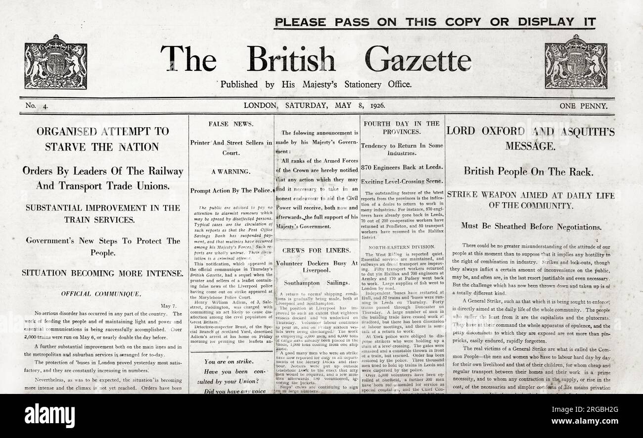 Partie supérieure de la couverture, Briitish Gazette, couvrant la grève générale, 8 mai 1926 Banque D'Images